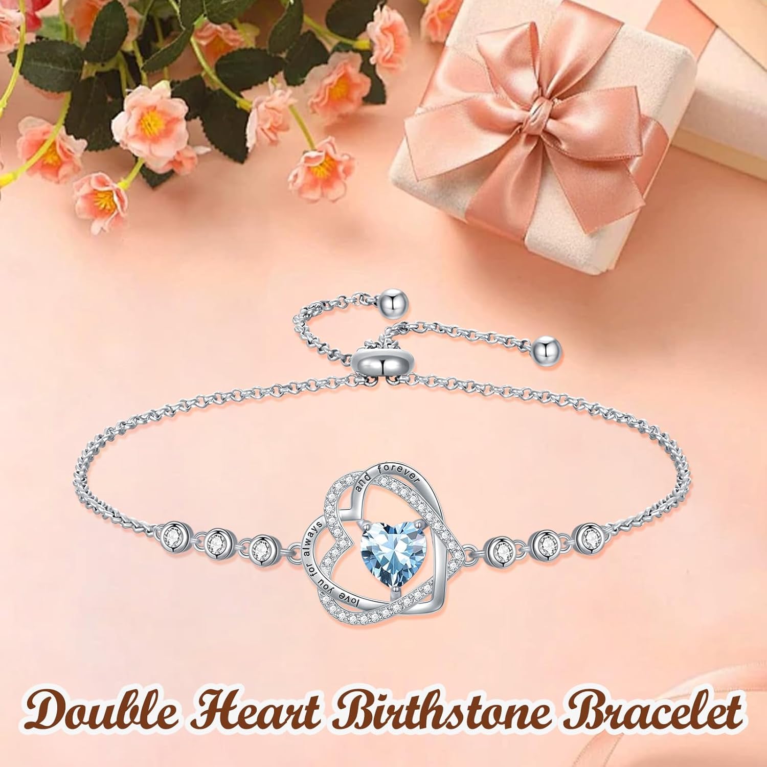 TOUPOP Heart Birthstone Bracelet 925 Sterling Silver Double Heart Bracelet Love You for Always and Forever Jewelry Anniversary Birthday Christmas Gifts for Women Wife Her - Image 3