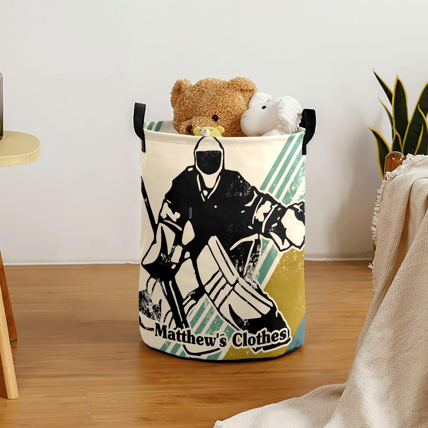 Ice Hockey Personalized Laundry Basket Clothes Hamper with Handles Waterproof,Collapsible Laundry Storage Baskets for Bathroom,Bedroom Decorative 19.7"Hx14.2"D