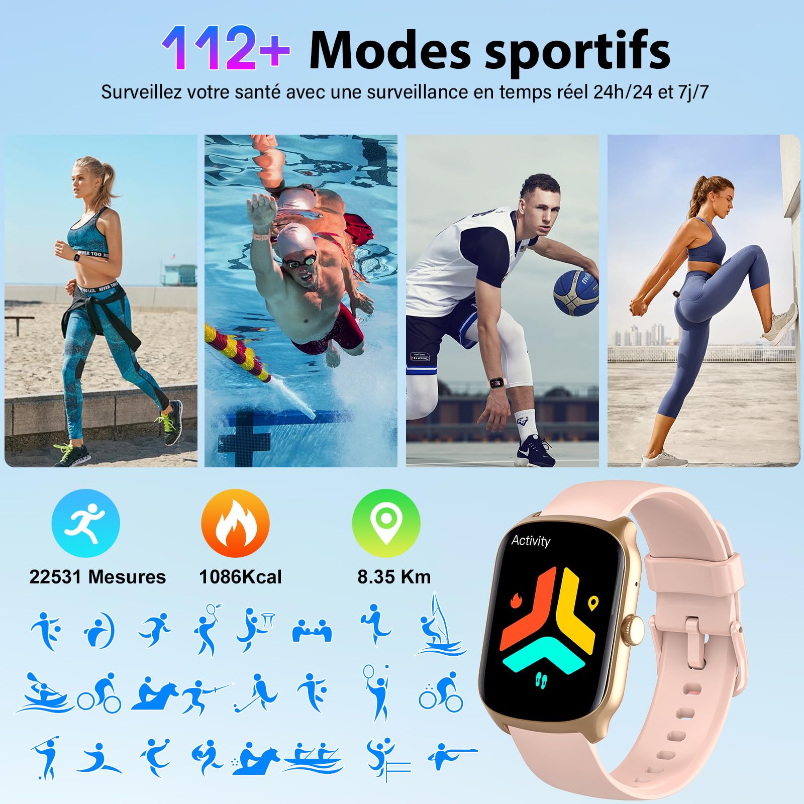Montre Connectée Femme Homme, avec Appel Bluetooth, 1.95"HD Ecran Incurvé Smartwatch, 110+ Sportifs Montre Podomètre, Sommeil/Cardiofrequencemetre Montre Sport, IP68 Étanche pour Android iOS, Rose
