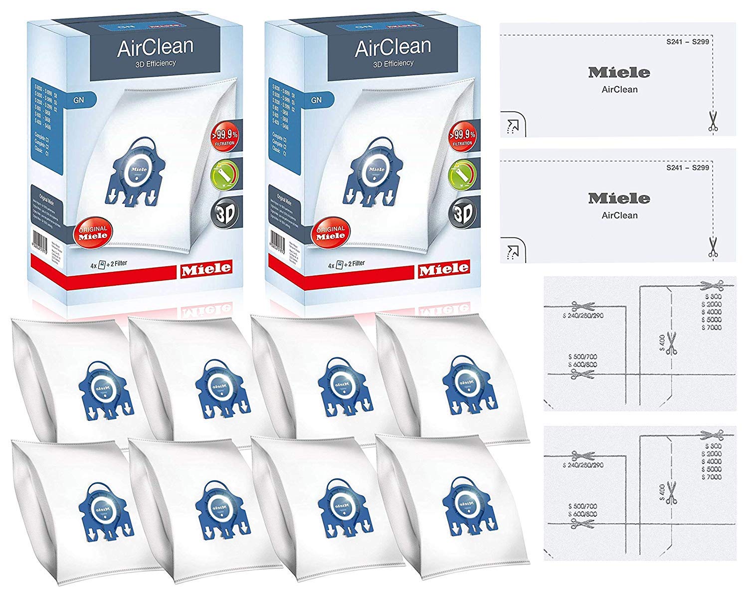 Miele GN AirClean 3D Efficiency Vacuum Cleaner Bags - 2 Boxes - Includes 8 Genuine Airclean GN Bags + 2 Genuine Super Air Clean Filter + 2 Genuine Pre-Motor Protection Filters