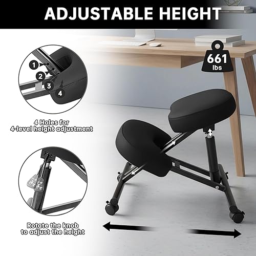 Miniatura 3 de Silla ergonómica de piel sintética, taburete ajustable para el hogar y la oficina con almohadillas gruesas y ruedas de freno flexibles con bloqueo