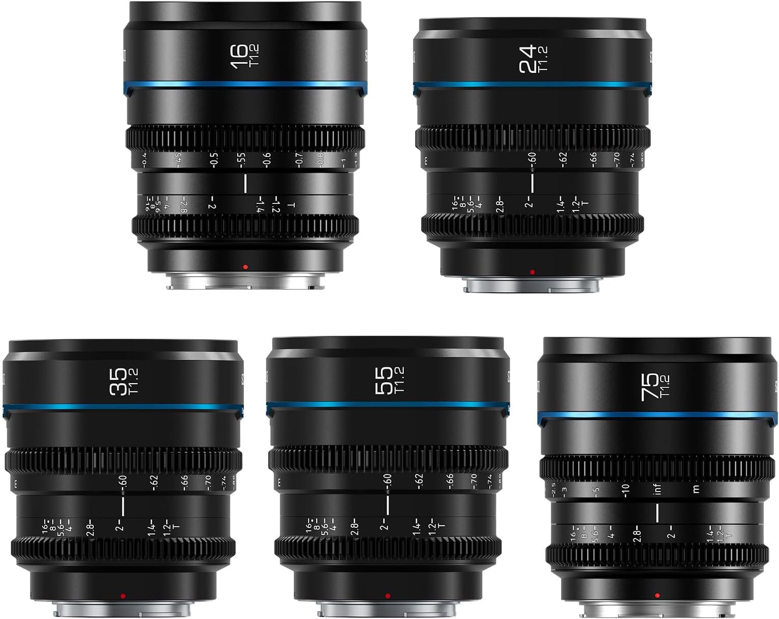 SIRUI Night Walker T1.2 S35 5 Cine Lens Set, 16mm, 24mm, 35mm, 55mm, 75mm Large Aperture Manual Focus Lens (Large, Black)