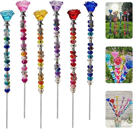 140Pcs DIY Fairy Wand Beaded Garden Stakes Kit Fairy Wands Kit for Different Festivals Fairy Garden Accessories Outdoor Fairy Garden Stakes Decorative (Rose)