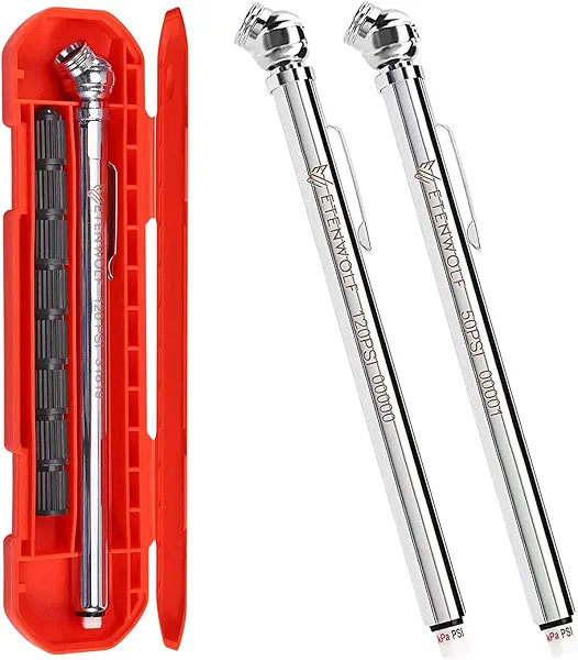 ETENWOLF Pencil Tire Pressure Gauge 2 Pack (10-50PSI, 20-120PSI) with 16 Tire Caps Calibrated to ANSI B40.1 Grade B(2%), Stainless Steel Body, for Cars, Pickups, RVs, Bicycles