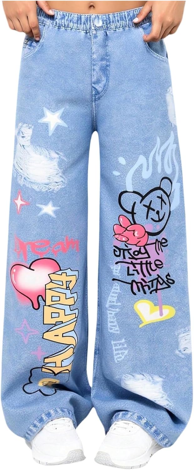 GORGLITTER Girl's Baggy Wide Leg Jeans Cartoon Graphic Flare Y2k Elastic Waist Denim Jean Pants