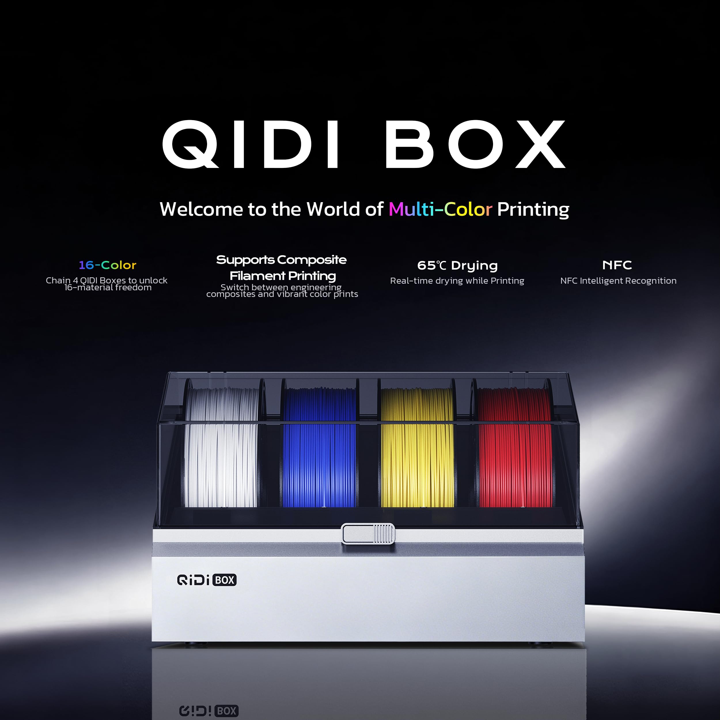 QIDI Box Multi-Color 3D Printing System for QIDI PLUS4 3D Printer, Active Drying (65°C), NFC Intelligent Recognition and Filament Auto-Reload, Double Hardened Steel Gear for PLA/PETG/ABS/CF/GF/PA/PC