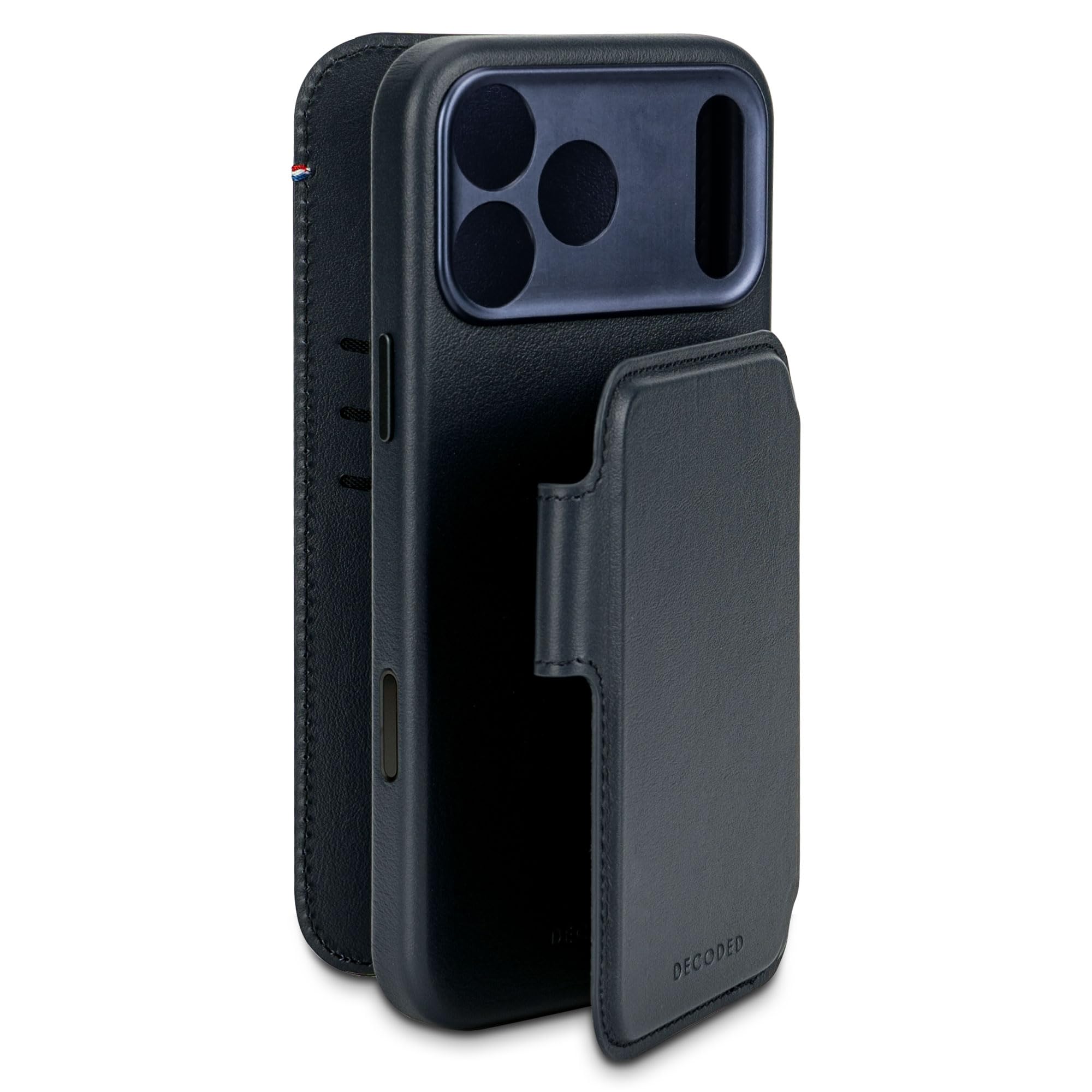 DECODED 2 w 1, skórzane etui do iPhone'a 17 Pro, zdejmowany portfel, wysokiej jakości skóra ECCO, kompatybilne z Magsafe, ochrona przed upadkiem, odporne na zarysowania, metalowe guziki, niebieskie