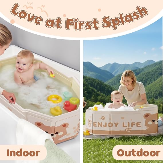 Foldable Baby Bath, Collapsible Baby Bathtub 3M-8Y, Portable Travel Baby Bath Tub with Non-Slip Base, Pop Up Folding Newborn Toddler Shower Tub, Space Saving, Brown