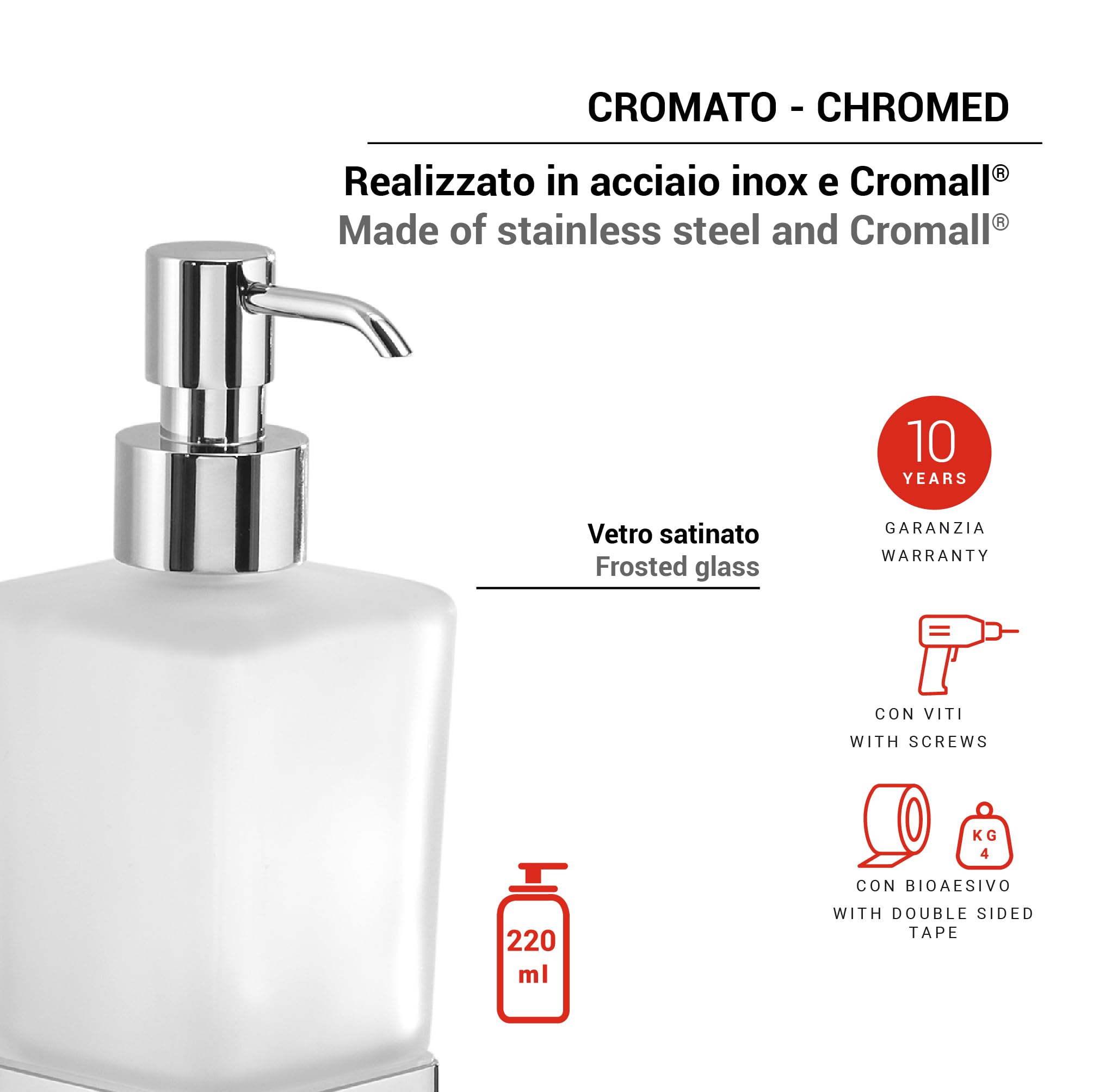 Gedy Tonga Dispenser Sapone Bagno a Muro da 220ml, Finitura Cromato, Fissaggio con Viti o Adesivo, Pompetta Erogatore in Acciaio Inox, Contenitore in Vetro Satinato, Dispenser Sapone Liquido da Muro