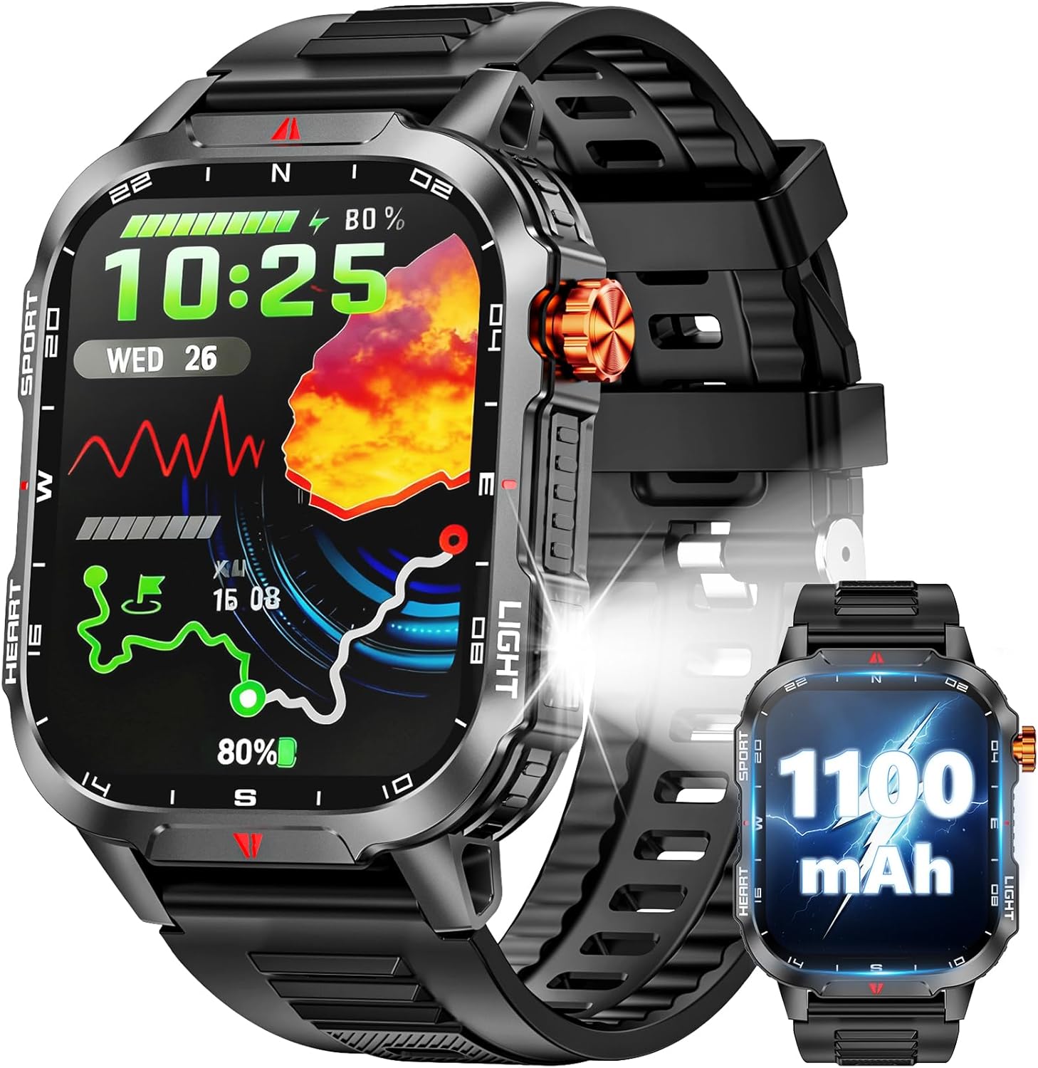 Military Smart Watches for Men-30 Days Battery/Flashlight/Compass,2.01 inch HD Display,IP68 Waterproof Fitness Tracker with Heart Rate,Sleep Monitor,100+ Sport Modes Smartwatch for Android & iPhone