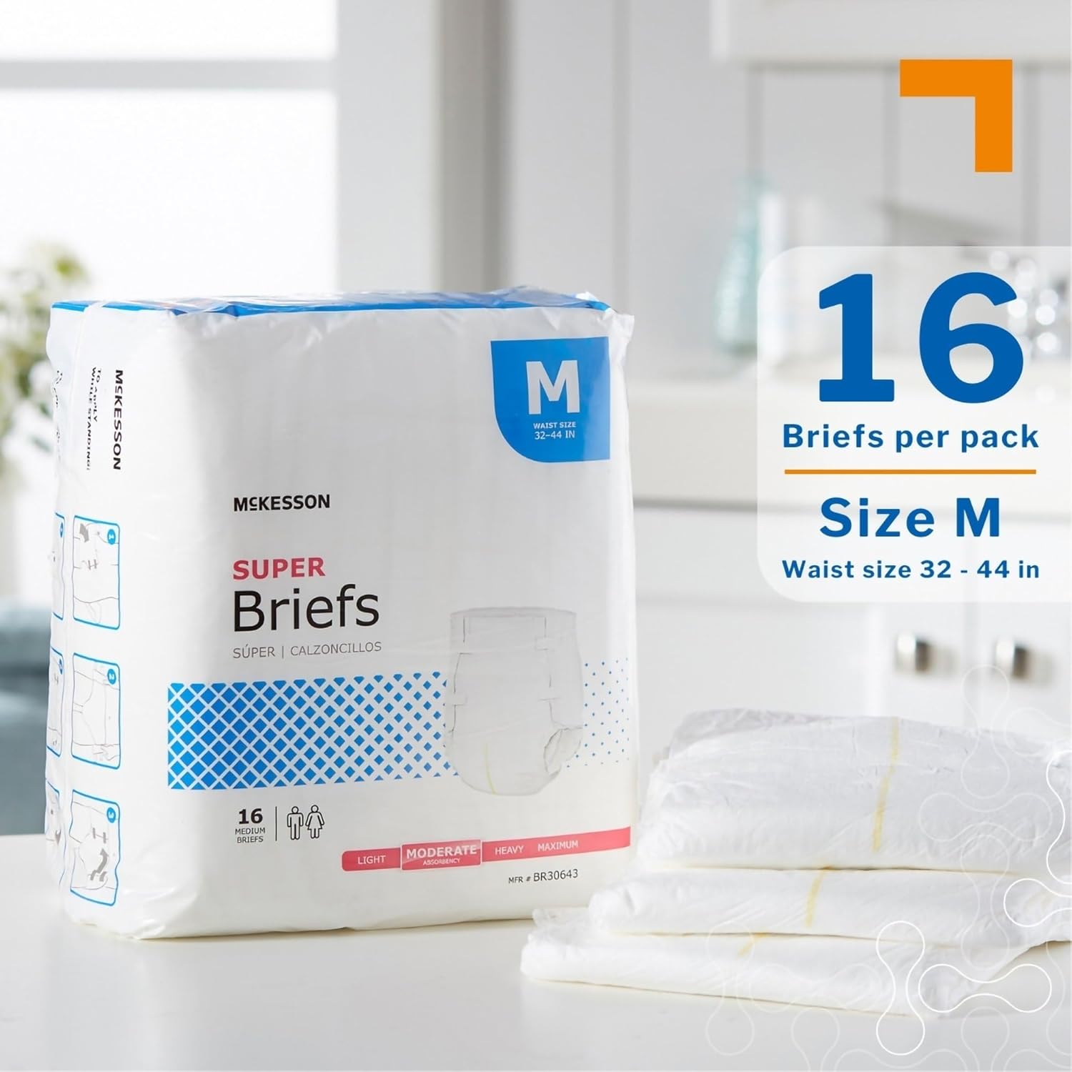 McKesson Super Briefs, [96 Count], Size M, 32-44 in. Incontinence Adult Diapers with Tabs, Moderate Absorbency, Unisex, Disposable, Elastic Leg Gathers and Contoured Fit for Men and Women