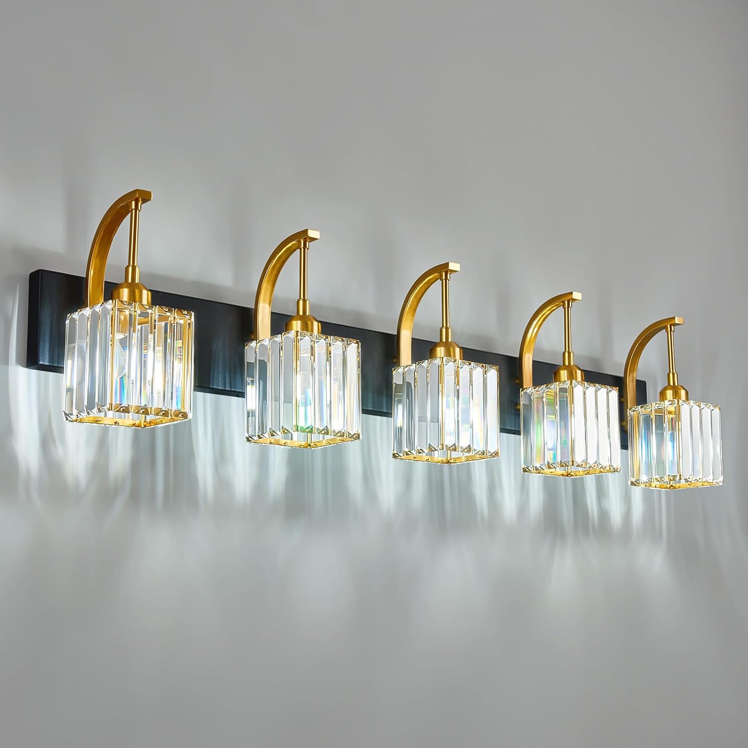 Crystal Vanity Lights 5-Light Black Gold Bathroom Vanity Lights Modern Crystal Bathroom Light Fixtures Over Mirror 42.51" Long Vanity Light for Bathroom