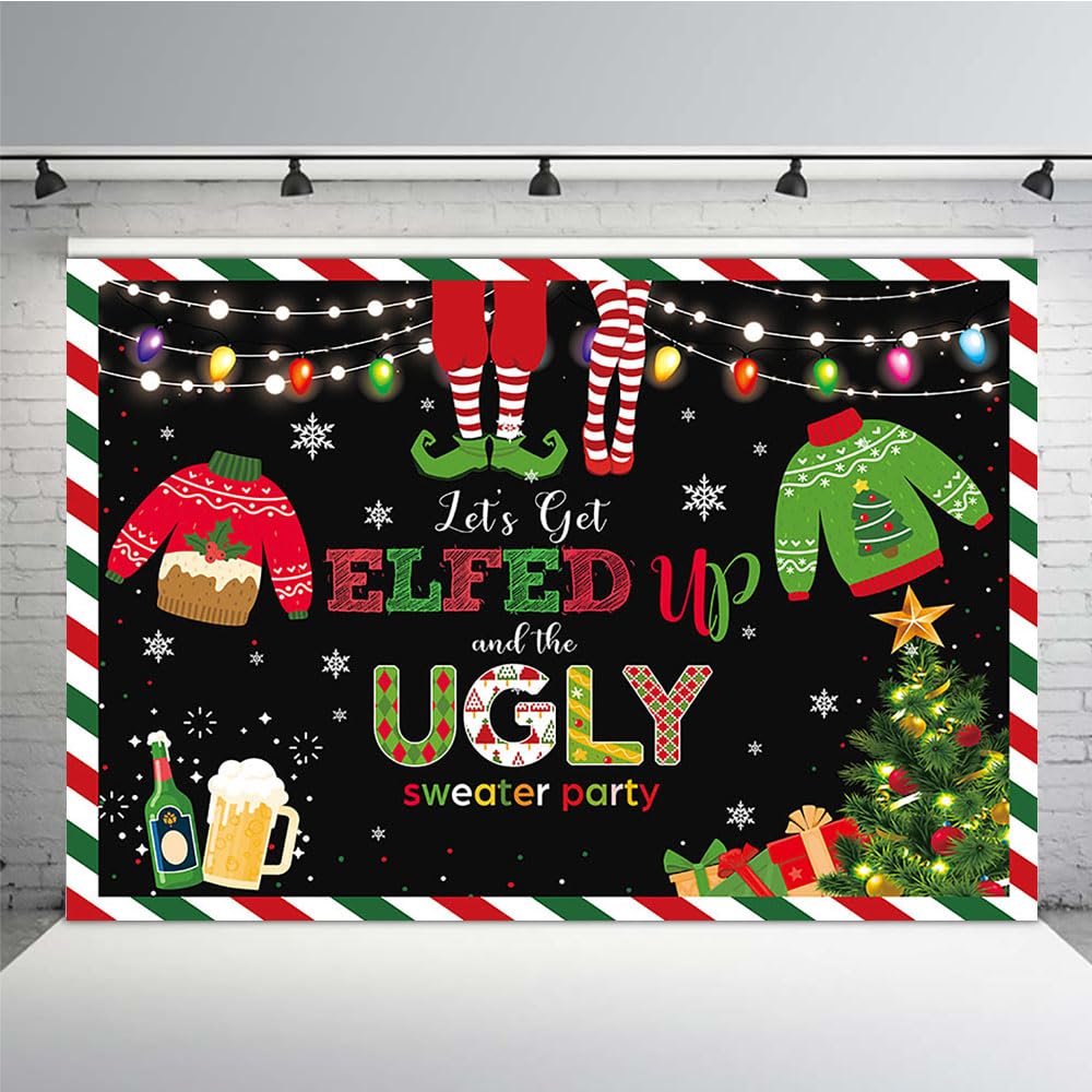 Photo 1 of MEHOFOND 7x5ft Merry Christmas Backdrop Let's Get Elfed up and The Ugly Sweater Party Photography Background Red and Green New Year Eve Family Party Banner Decorations Photo Booth Props Let' Get Elfed Up
