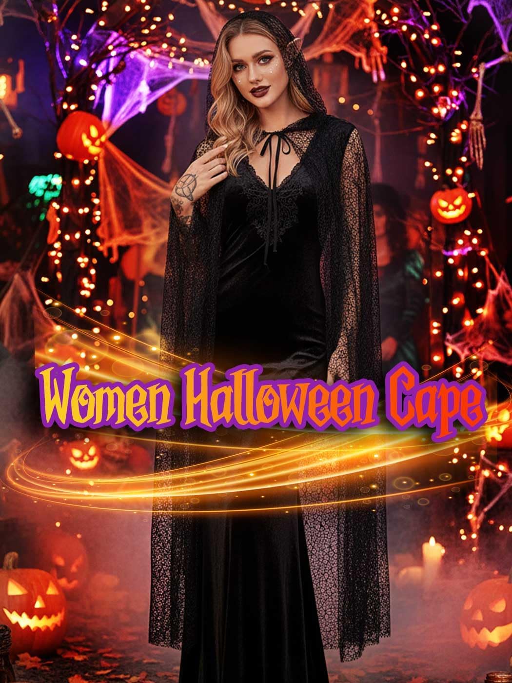 Aukmla Women Black Hooded Cloak Long Sheer Cape Halloween Cosplay Costume Festival Shawl