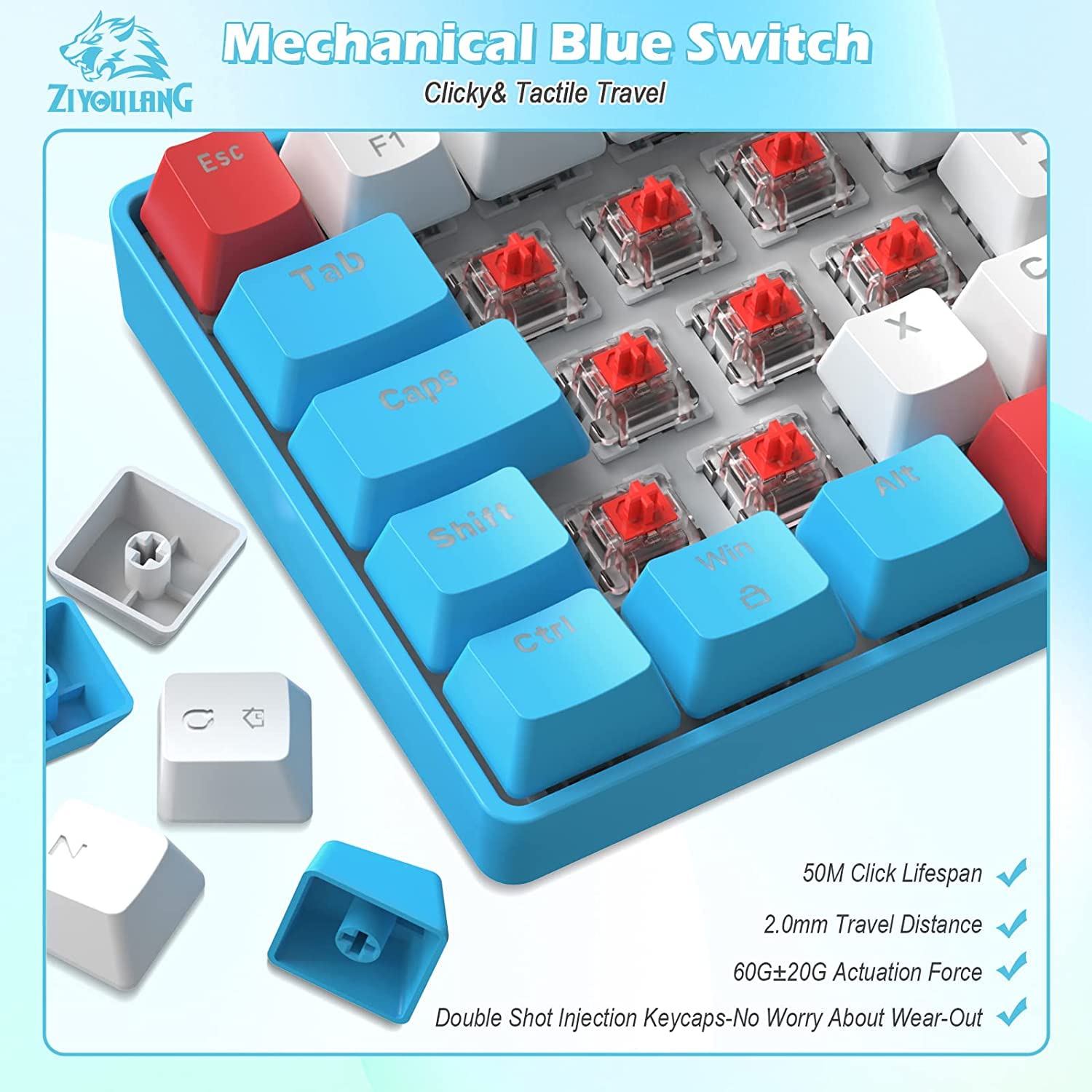 ZIYOU LANG T60 Teclado y Ratón para Juegos con Cable USB C en Espiral, UK Layout (QWERTY) Compact 60% Iluminado Teclado Mecánico Linear Rojo Switch-6400dpi RGB Mouse para PC Mac - Azul