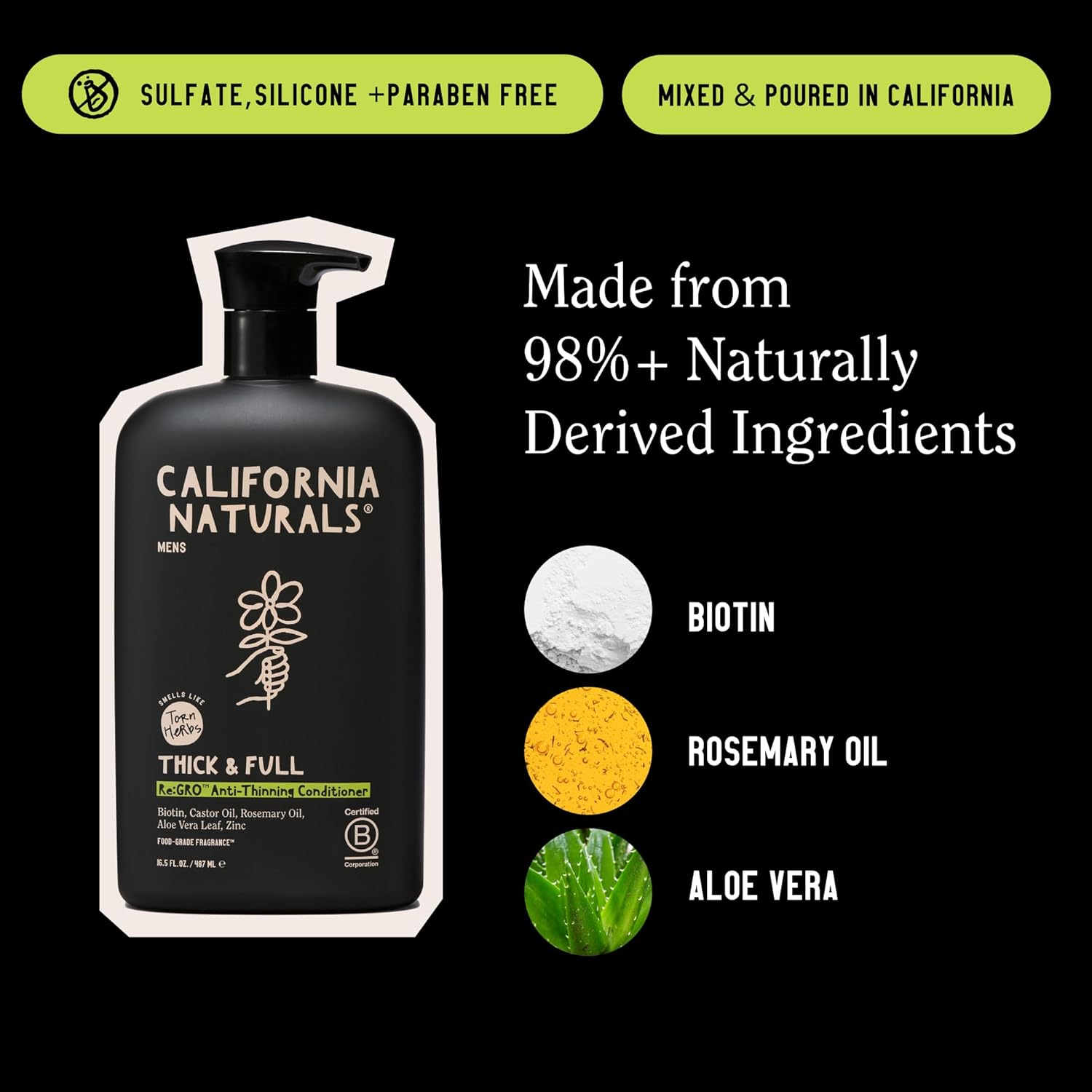 California Naturals Mens Re:GRO Conditioner for Hair Growth Support, Scalp Hair Care with Biotin, All Hair Types, Vegan, Natural, Cruelty Free, Silicone, Paraben & Sulfate Free, for Men, 16.5 oz - Image 4