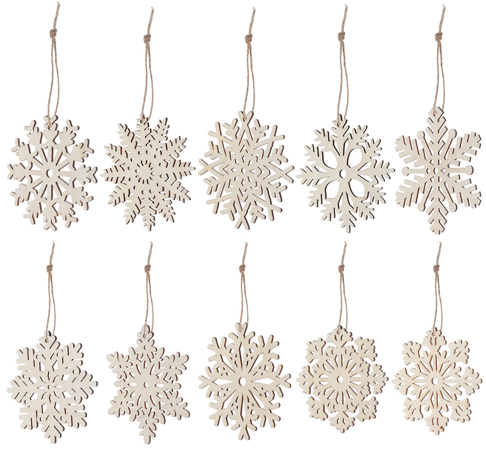 ilauke 30 Copos de Nieve de Madera, 10 Estilos Ahuecados Con Cuerda, Manualidades Adornos Colgantes para Árbol y Decoración de Navidad de Bricolaje