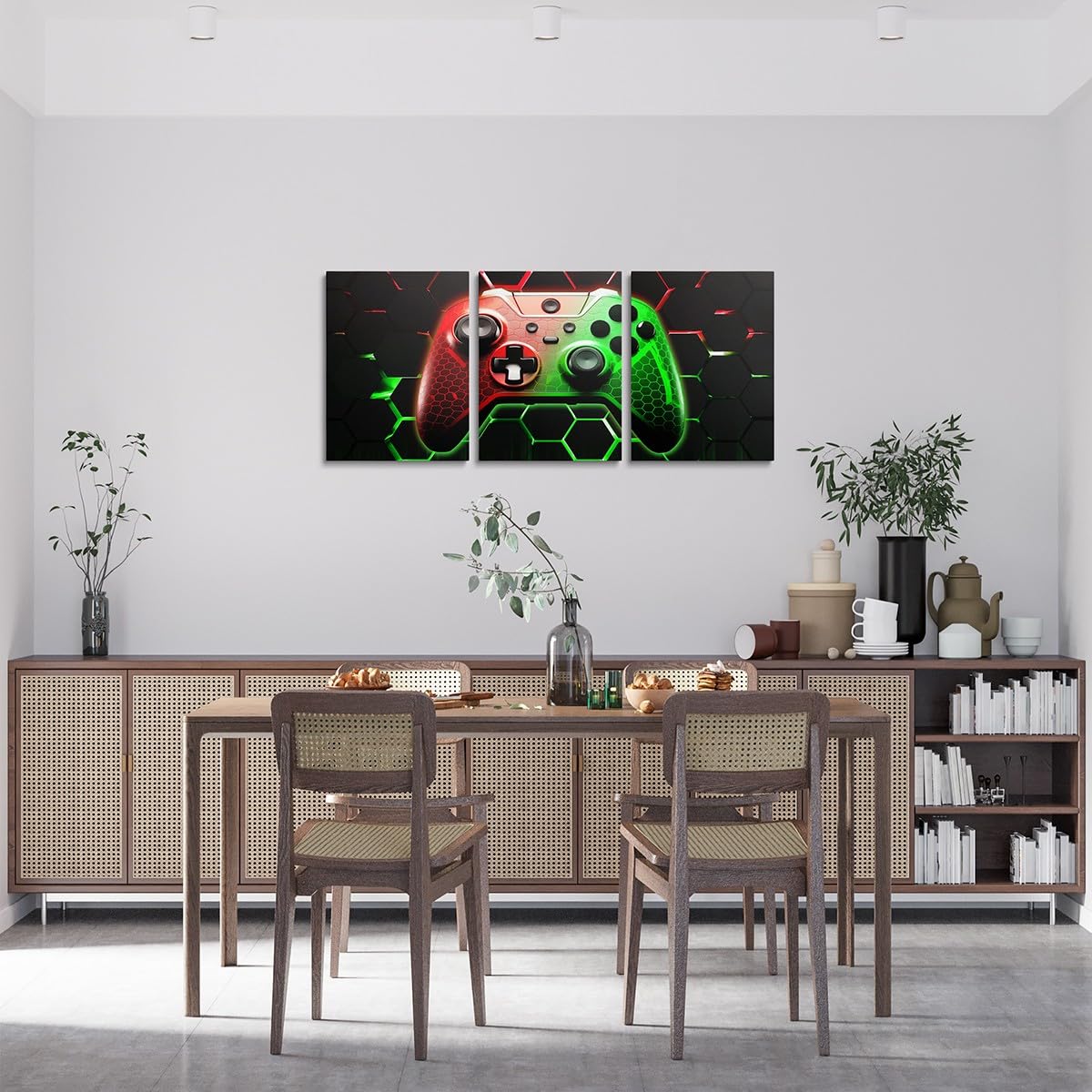 Manfei Lot de 3 toiles murales de jeu vidéo pour salon, chambre à coucher, jeux vidéo - Motif géométrique rouge et vert
