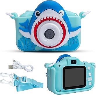 Kids Shark Themed Digital Camera - 1080P HD Mini Camcorder with 2" Screen, Selfie Mode & Fun Filters | Safe Design for Boys & Girls Age 4-10 | Expandable Memory Up to 32GB (Blue)