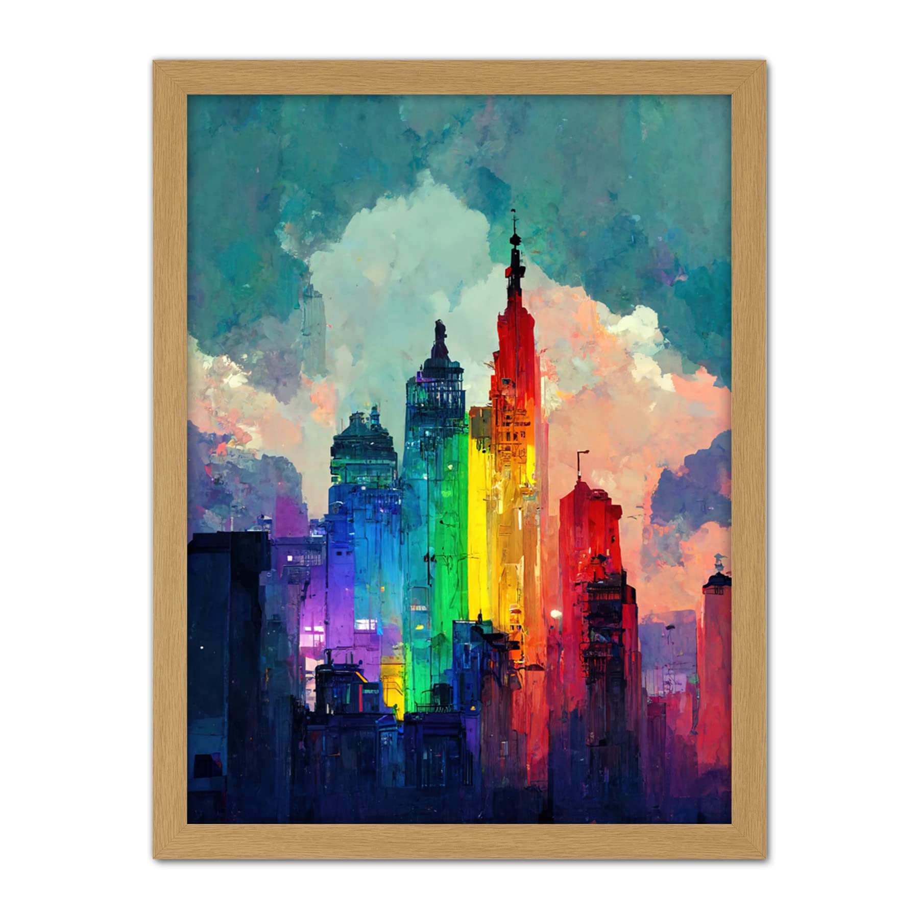 Wee Blue Coo Rainbow Skyscrapers Skyline Cityscape Abstract Multicoloured Painting Artwork Framed Wall Art Print 18X24 Inch