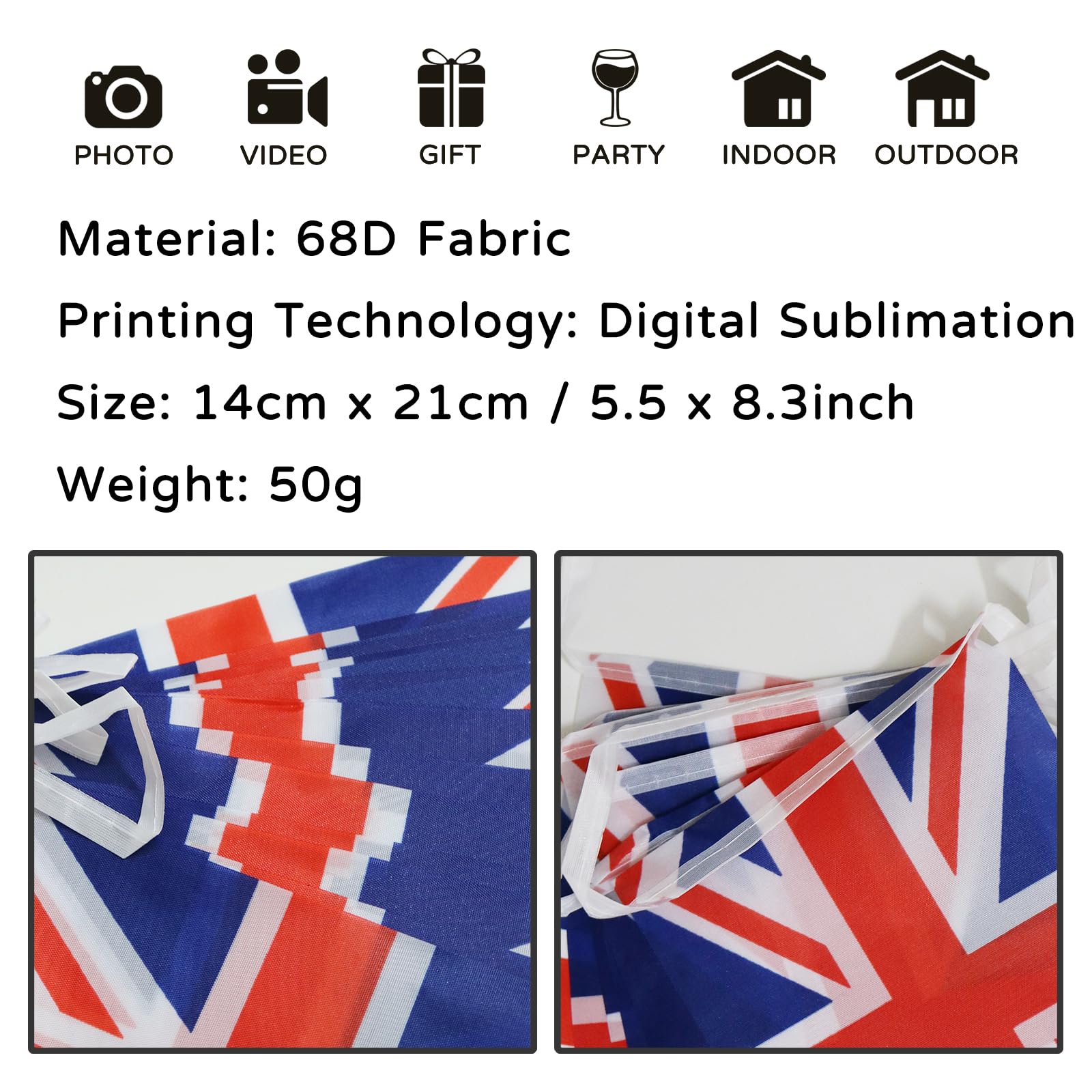 Koliphy 33ft/10m Union Jack Triangle Flag Bunting, 30 Flags, Red, White, Blue, Fabric, Triangular, UK Patriotic Decor - Image 3
