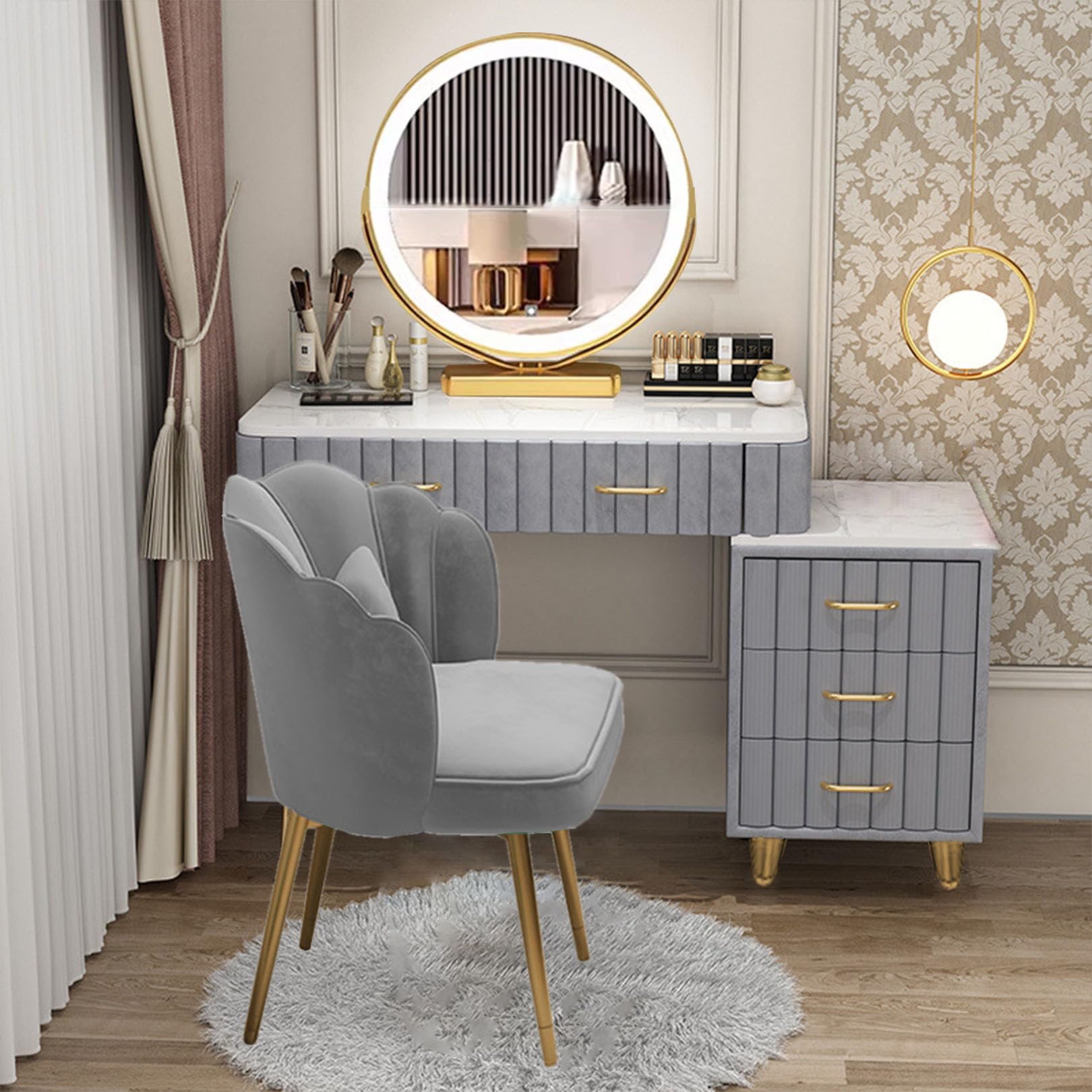 asdchZen Adjustable Brightness Makeup Vanity Table With Mirror & Led Lights 39.4" Desk With Drawers & Cushioned Stool-Stylish White Dressing Table For Bedroom & Beauty Routine,Grey-80cm/31.5in