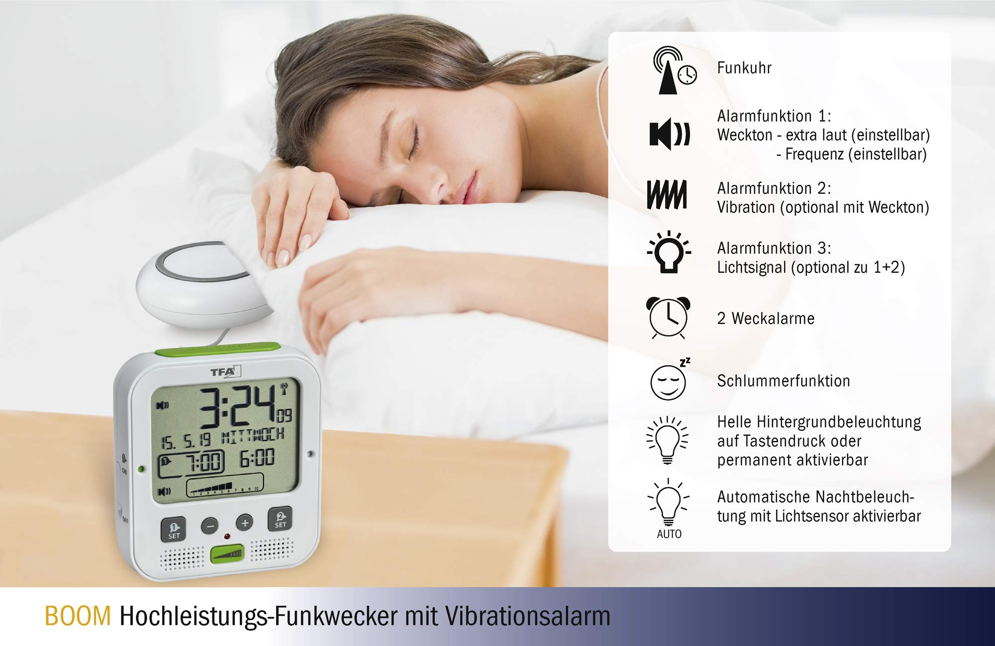 TFA Dostmann Boom Funkwecker, Laut mit Vibrationsalarm, Snooze-Funktion, einstellbare Lautstärkeund Helligkeit, autom. Nachtbeleuchtung, weiß, L 110 x B 65 x H 122 mm