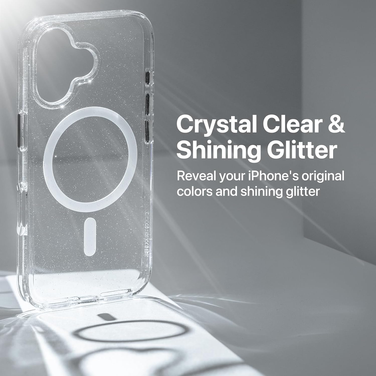 MAGEASY Case for iPhone 16 Plus 6.7" - Never Yellowing Crystal Clear Glitter Case with Sparkle, 16ft Drop Protection, Compatible with MagSafe | Bright M - Luminous Clear