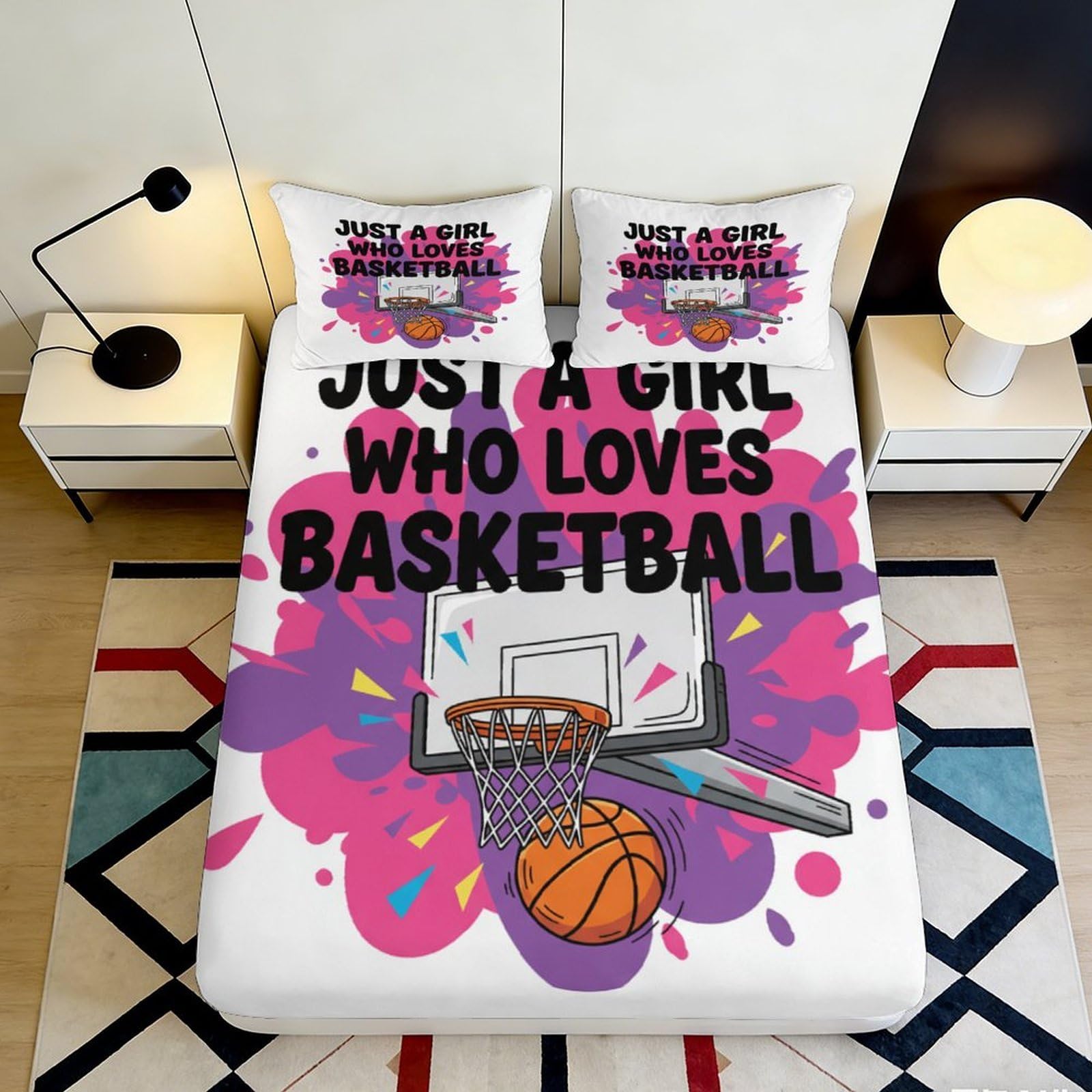 3D Printed Basketball Splash Fitted Sheet Microfiber Soft Girl Love Hoop Bed Cover for Bedroom Dorm Decor 90x200x25cm