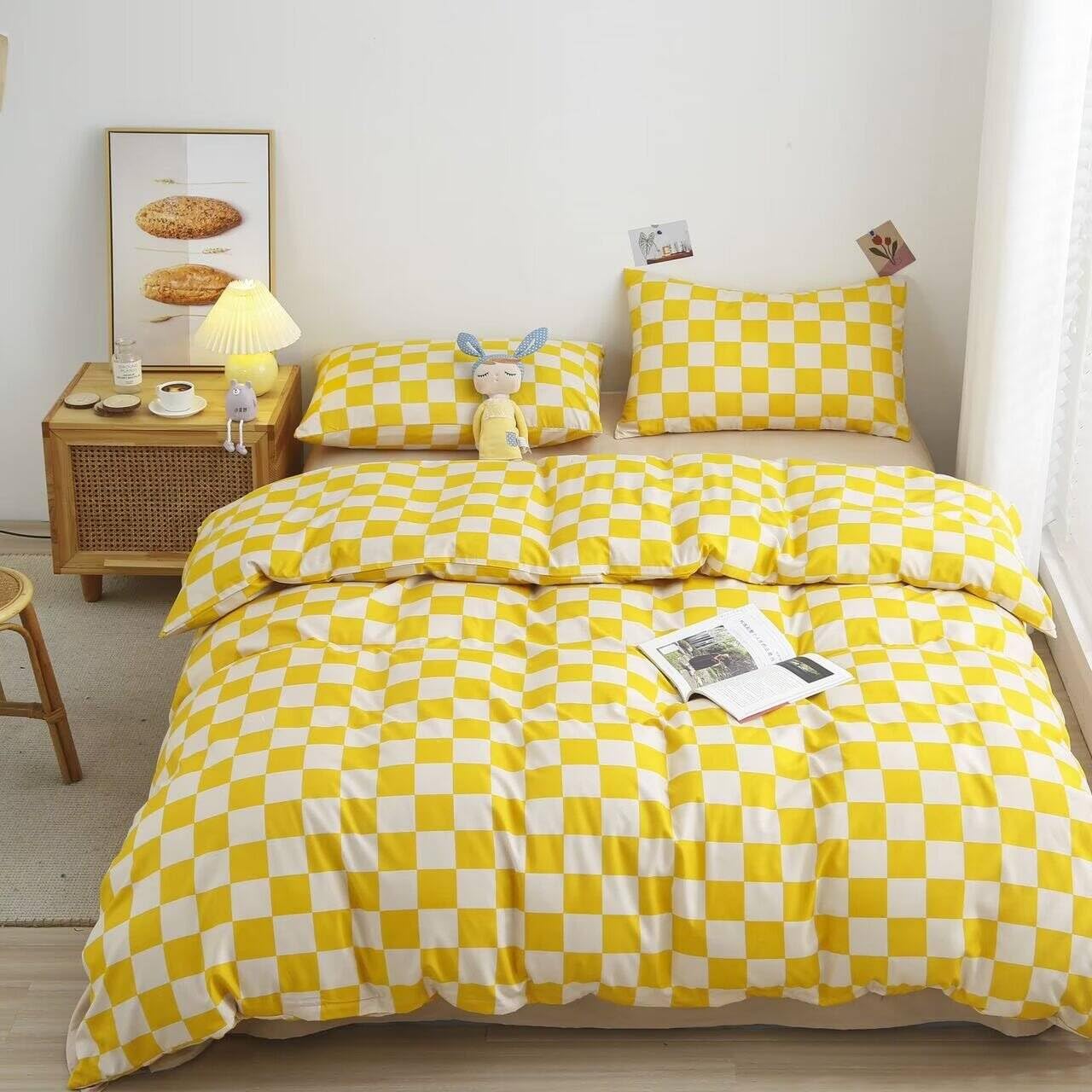 Parure housse de couette carreaux jaune vif et blanc en microfibre respirante