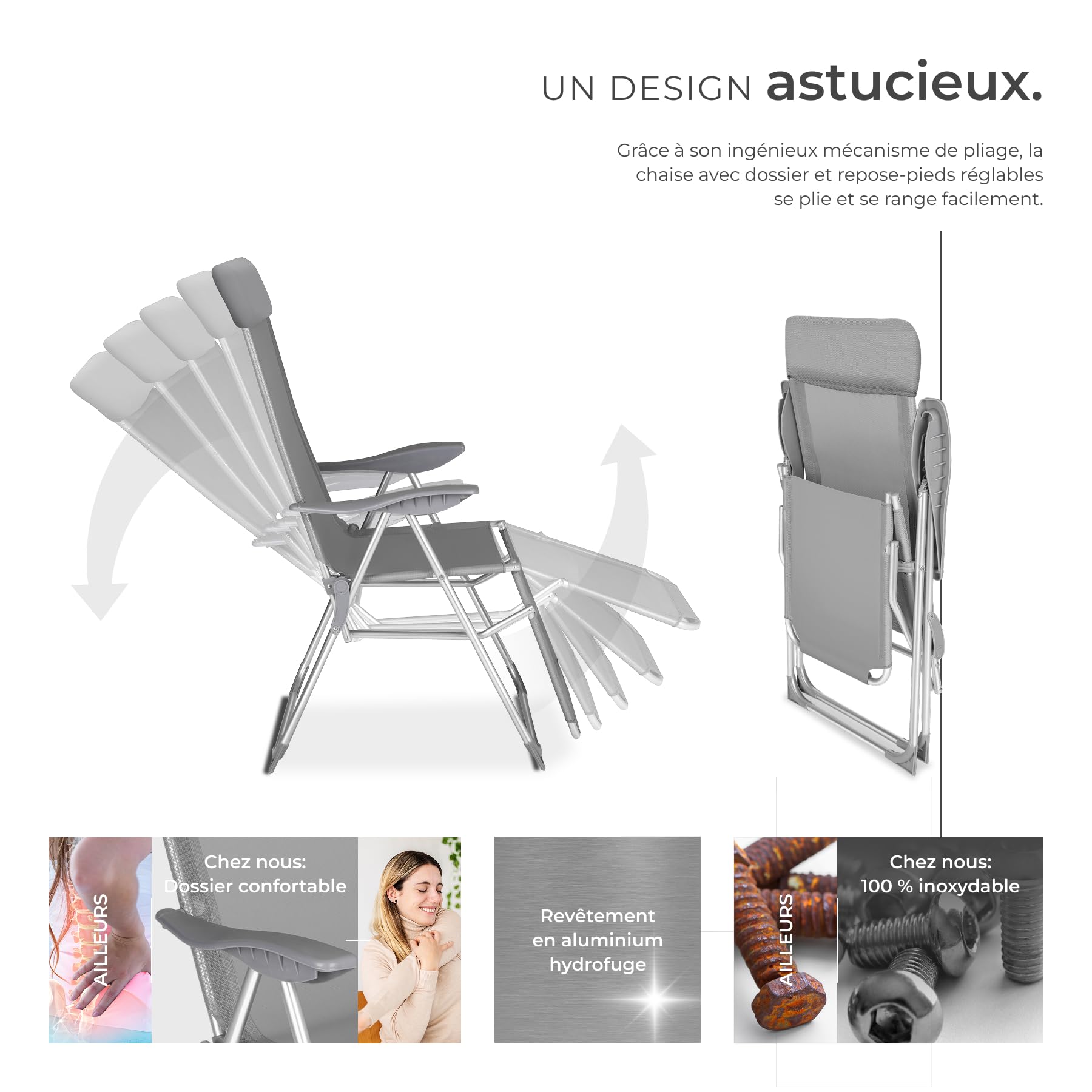 tectake® Lot de 2 Fauteuil de Jardin Chaise Longue Pliable avec Repose Pieds Accoudoirs, Appuie-tête Amovible Salon de Jardin Exterieur, Structure en Aluminium, Dossier Inclinable
