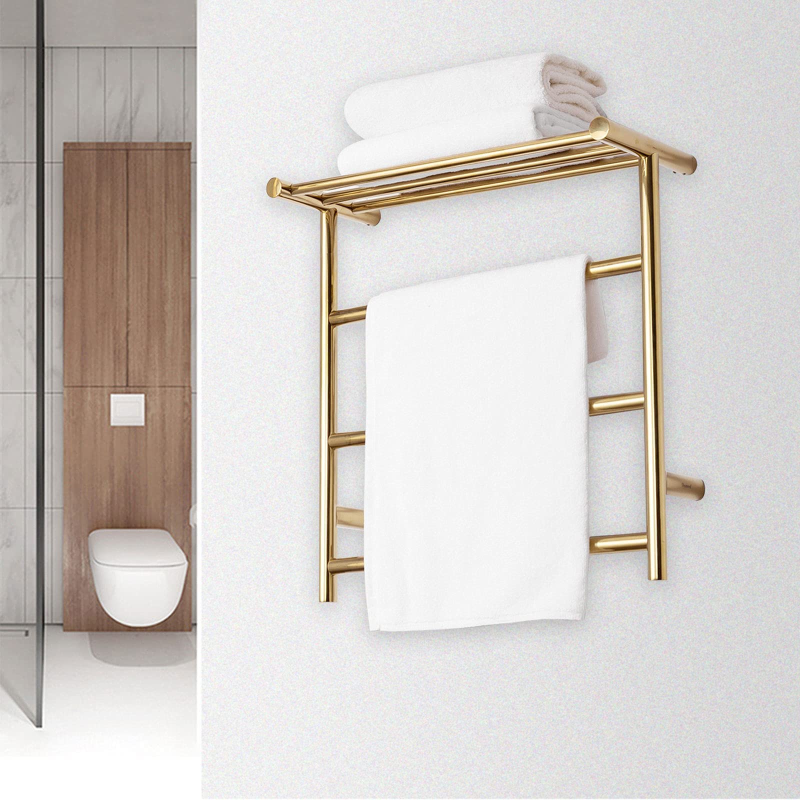 Radiador toallero eléctrico de Pared de Acero Inoxidable con Estante para baño, Color Dorado, 3 Barras (Plugin)