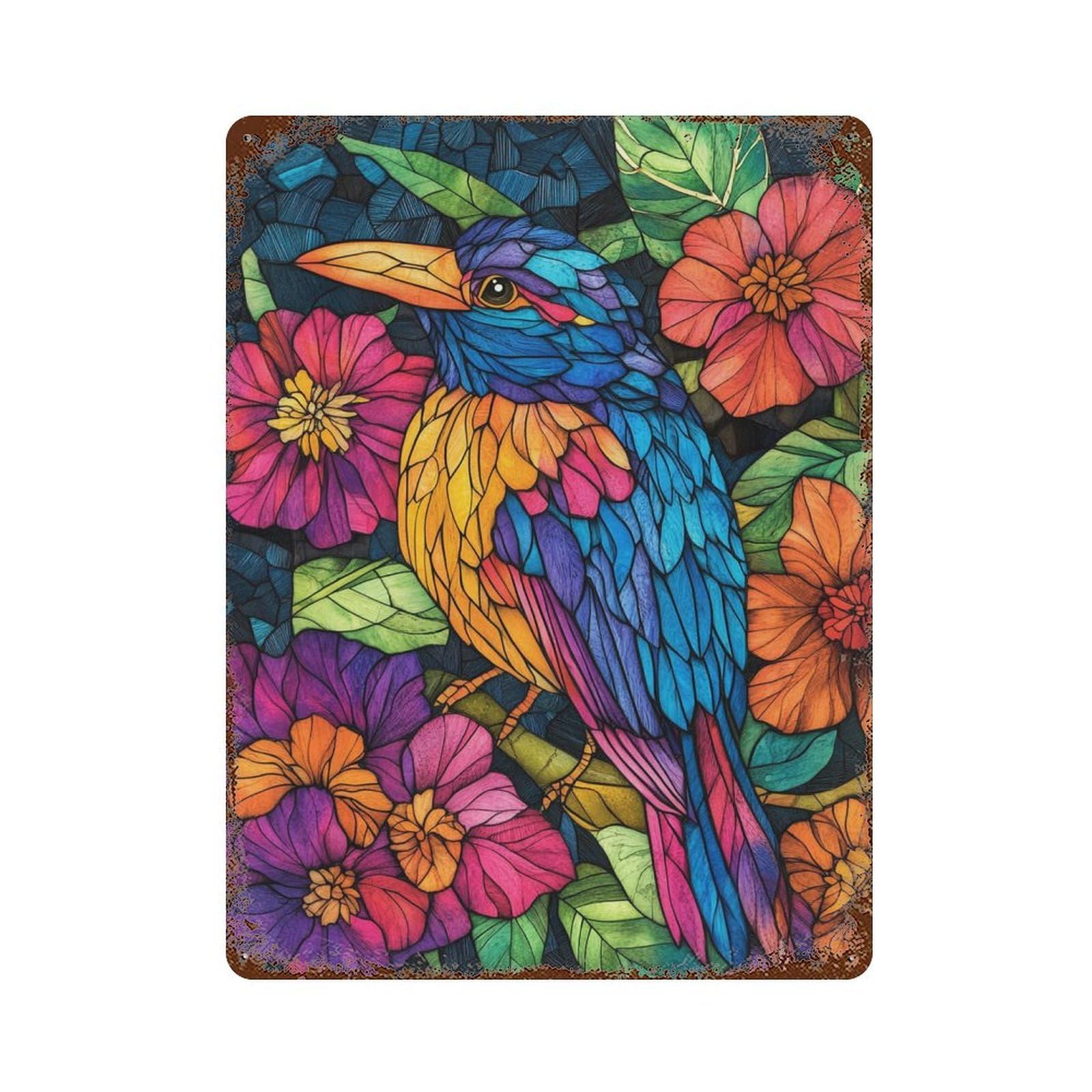 Colorful Stained Glass Bird 15.7"x11.8" Weathered Tin Sign, Shabby Chic Decor for Cafe, Home Bar And Lounge Decor