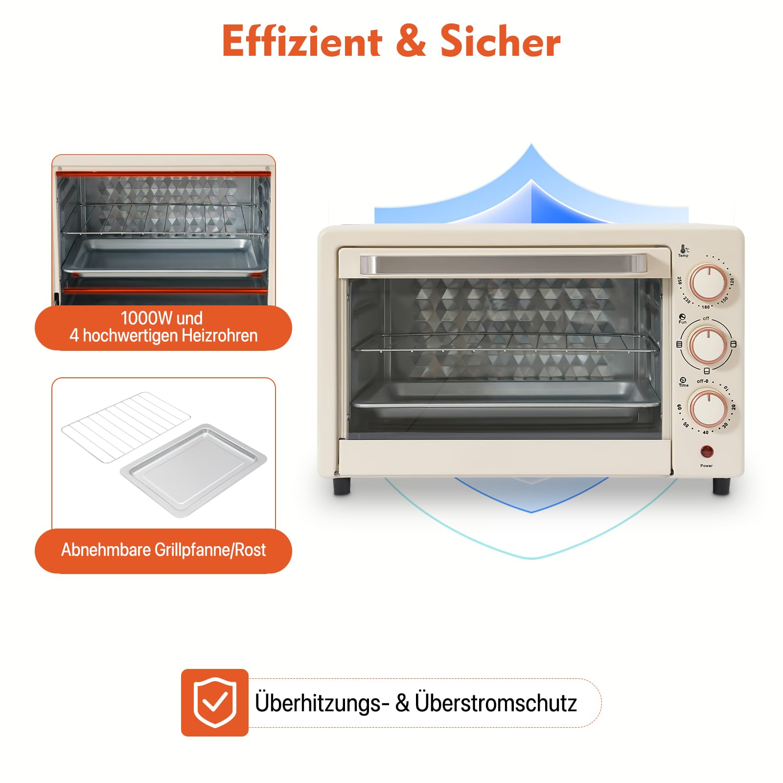 Mini forno compatto da 1000 W, 22 l, con bistecchiera e griglia, 4 tubi di riscaldamento, mini forno per pizza, pane, biscotti, barbecue, famiglia (bianco)