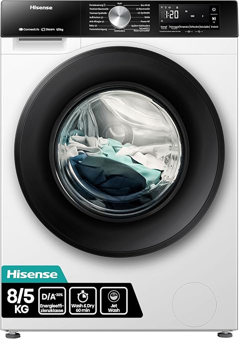 Hisense WD3S8043BW3 Waschtrockner/ConnectLife /16 Programme /8 KG, 54 Liter /1400 U/min/Dampffunktion/JetWash/Anti-Allergie Program/Auto Program/Eco Wash/Steam RefreshWeiß