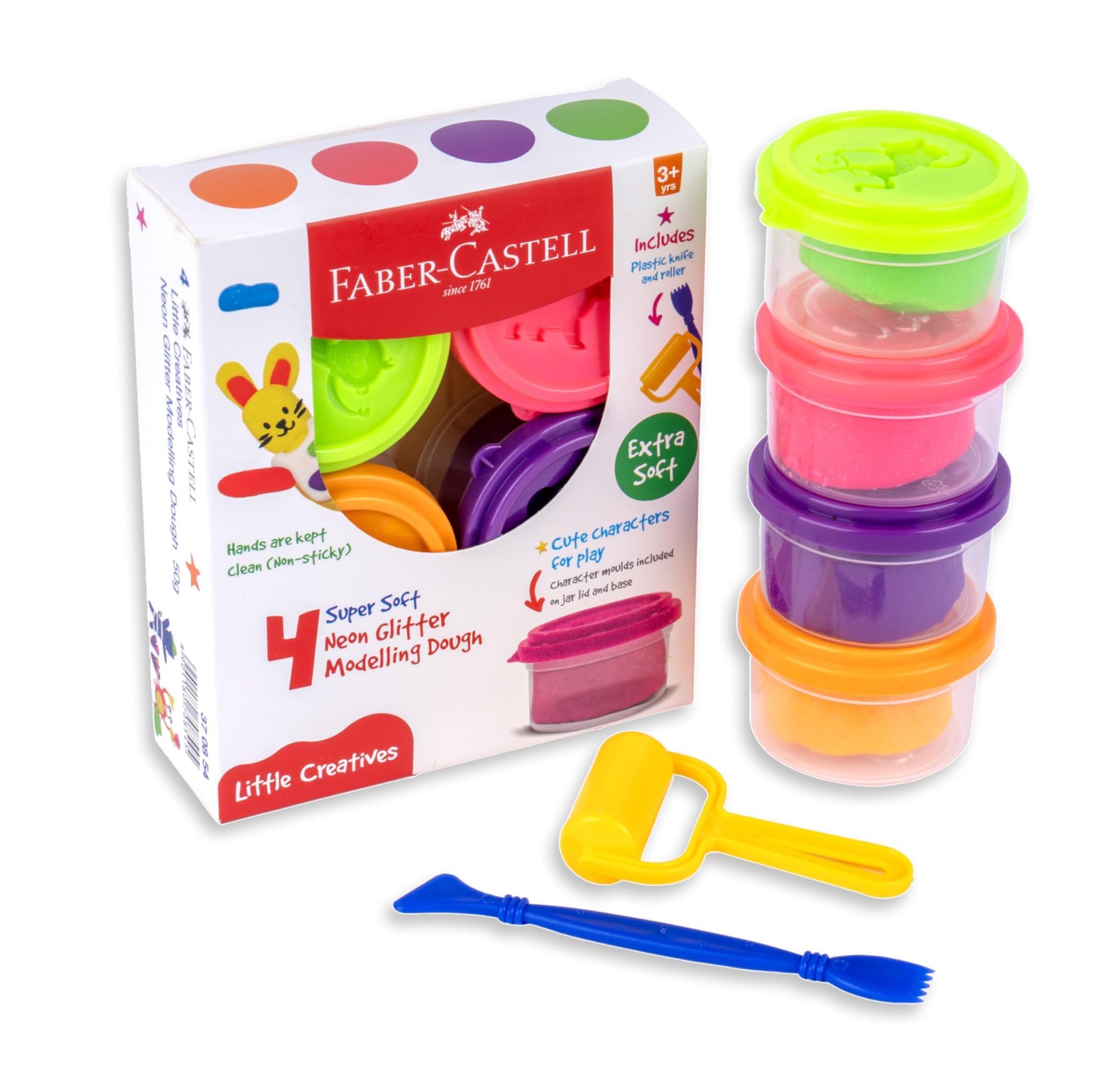 Faber-Castell Modelling Dough Set of 4 Neon Glitter Shades 100g Blister Pack | Soft Non Toxic Colour Clay for Kids, DIY Craft, School Projects & Creative Learning Activities-image-9