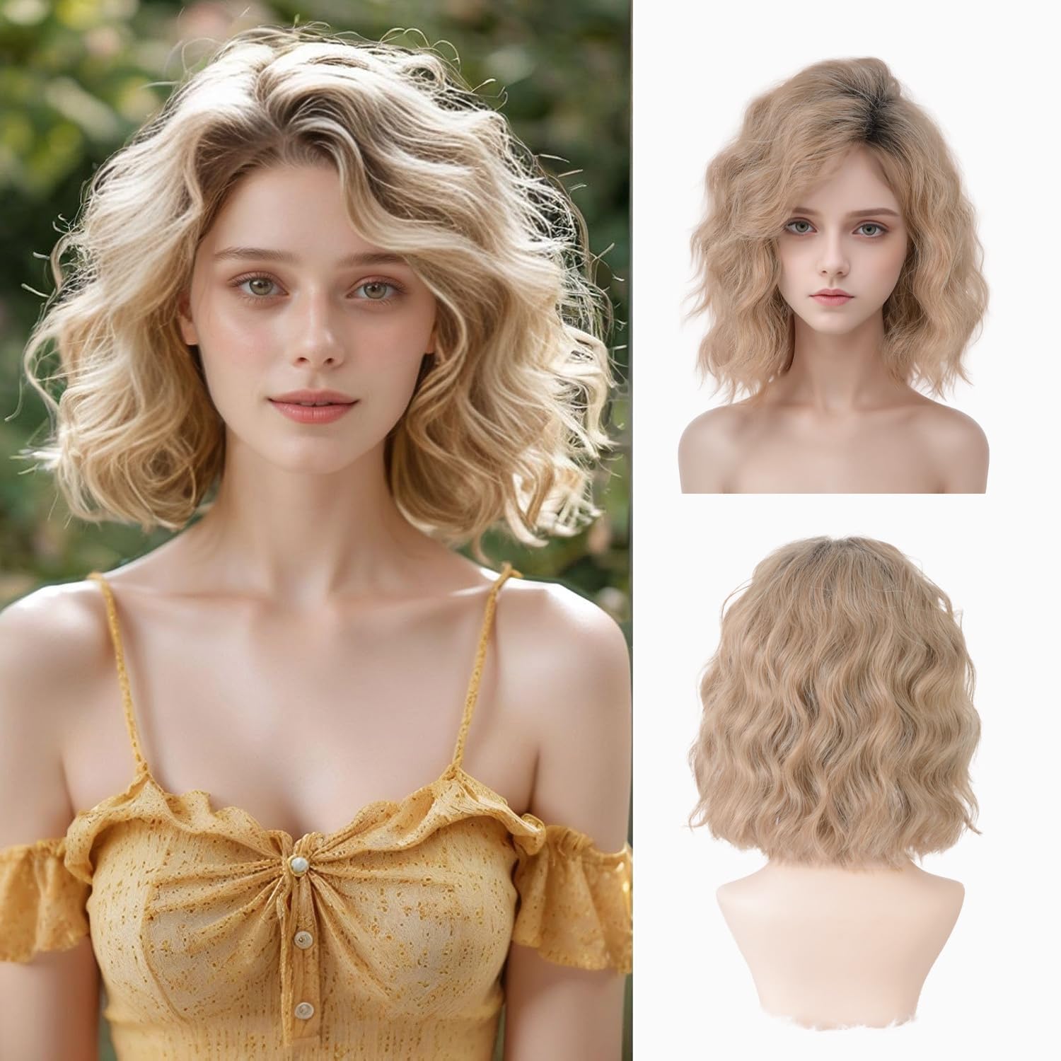 Bkiyyi Short Ombre Ash Blonde Wavy Bob Wig for Women 14 Inch Shoulder Length Curly Free Part Synthetic Wig for Daily and Party Use with Natural Look (