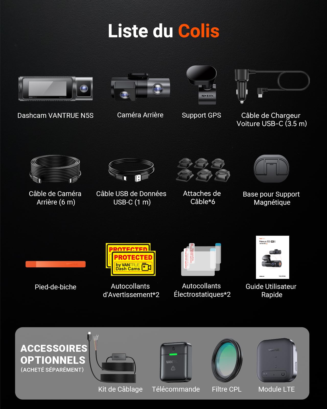 VANTRUE N5S 4-Canaux Dashcam Voiture 2.7K+1080P+1080P+1440P, 360 degrés STARVIS 2 5GHz WiFi GPS Caméra Embarquée, Contrôle Vocale Français 24h. Mode Parking Tampon, Module LTE Optionel, Max 1To