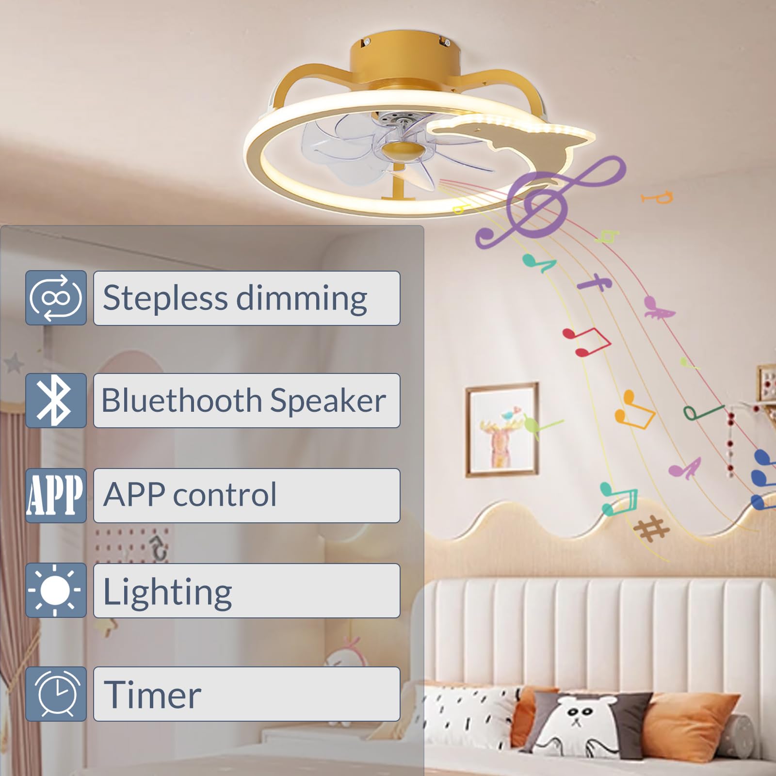 Ventilador de Techo Infantil Regulable con Forma de delfín, luz y Mando a Distancia, Ventiladores de Techo Modernos para Dormitorio Infantil con lámparas, Ventiladores de Techo LED