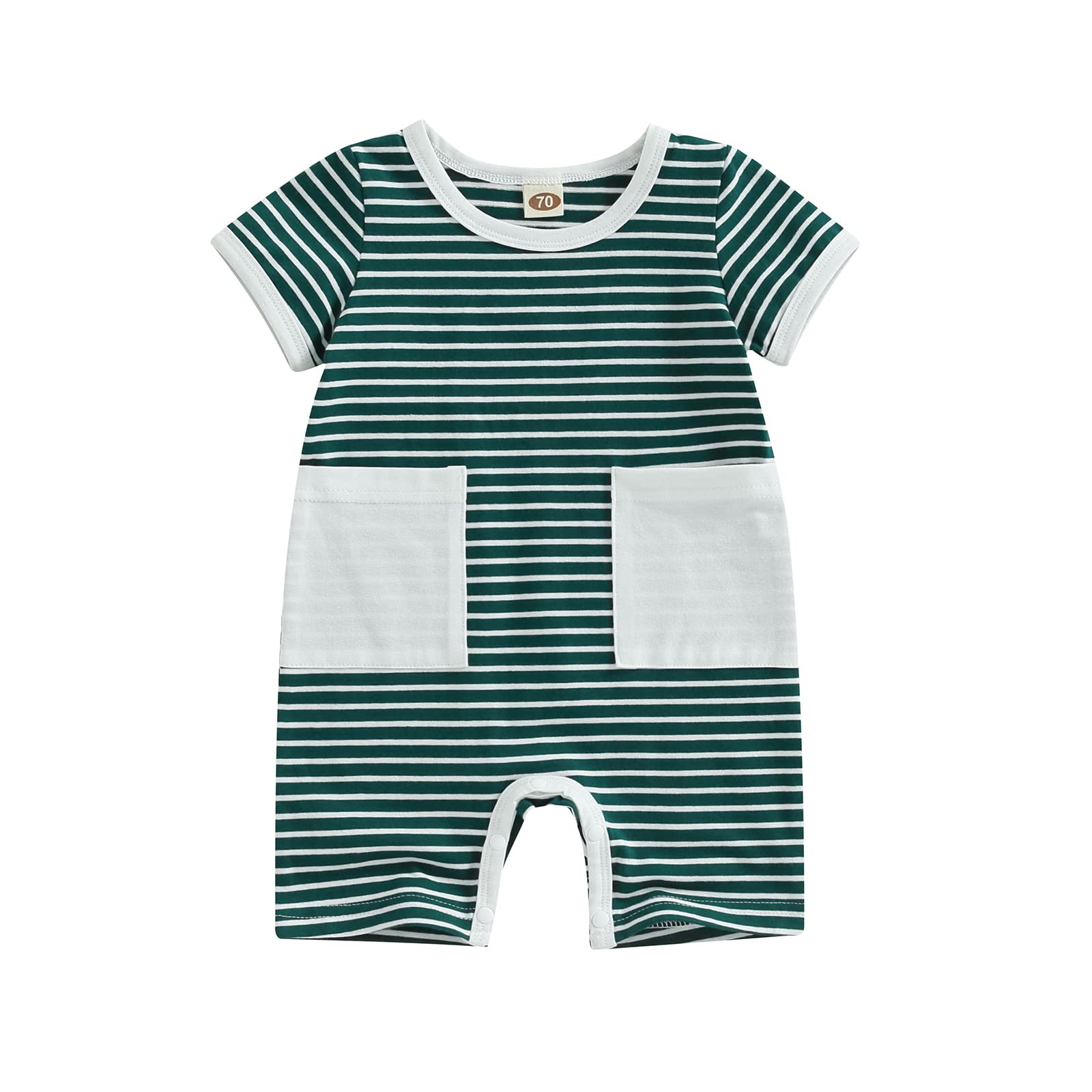 ZAXARRA Infant Baby Boy Jumpsuit Pocket Overalls Short Leg Pants Boys Summer Outfits (Green Stripe, 6-12 Months)