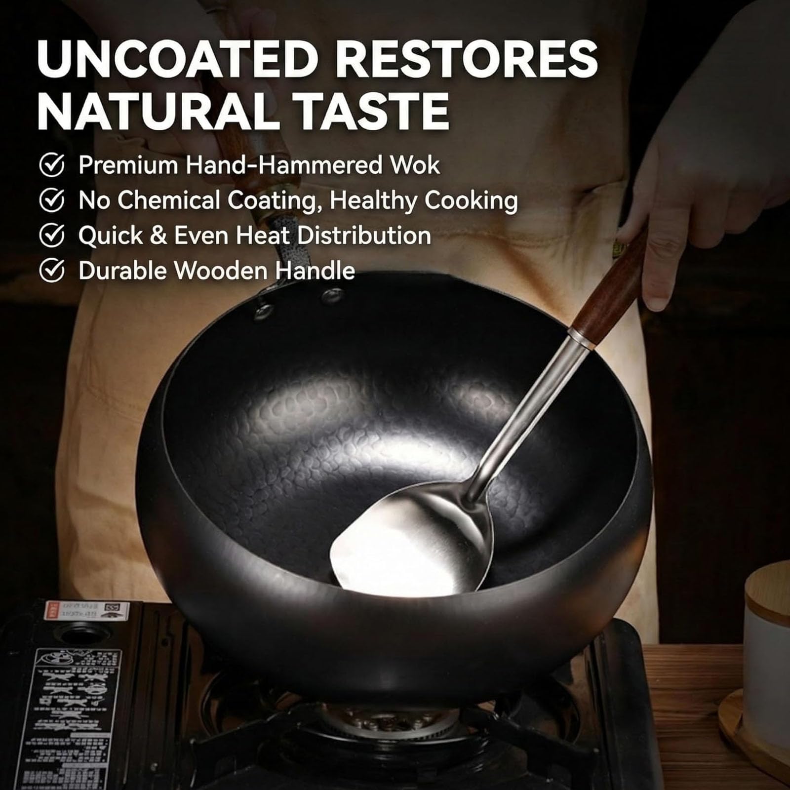 Pannella Wok giapponese in ghisa, pentola sana non rivestita con coperchio, Woks in acciaio al carbonio tradizionale, padelle antiaderenti martellate a mano fatte in Giappone, per Smooth-Surface 26cm