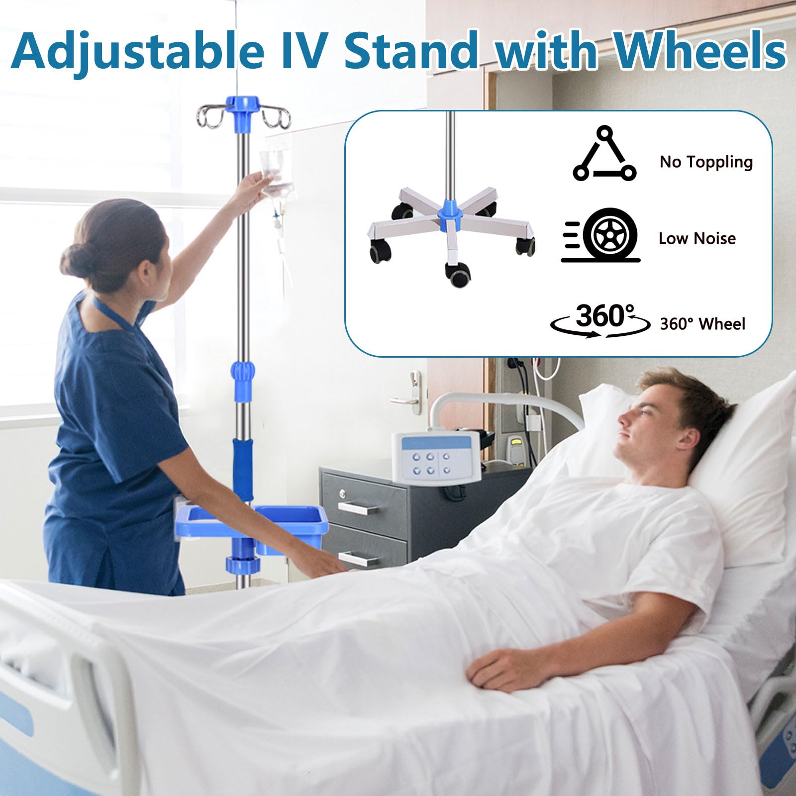 Soporte de infusión con 4 ganchos, soporte IV portátil con 5 ruedas y compartimento de almacenamiento, altura ajustable, cubiertos de acero inoxidable con 4 bolsas IV para hospitales y cuidados en el