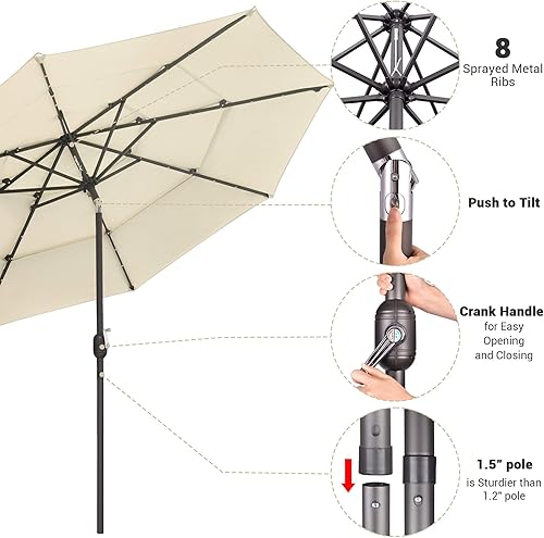 Miniatura 5 de Yescom Outdoor Solar Powered LED Patio Umbrella with Crank Tilt for Garden Backyard Deck Table Market Poolside Party Event 2-Beige,3-Negro
