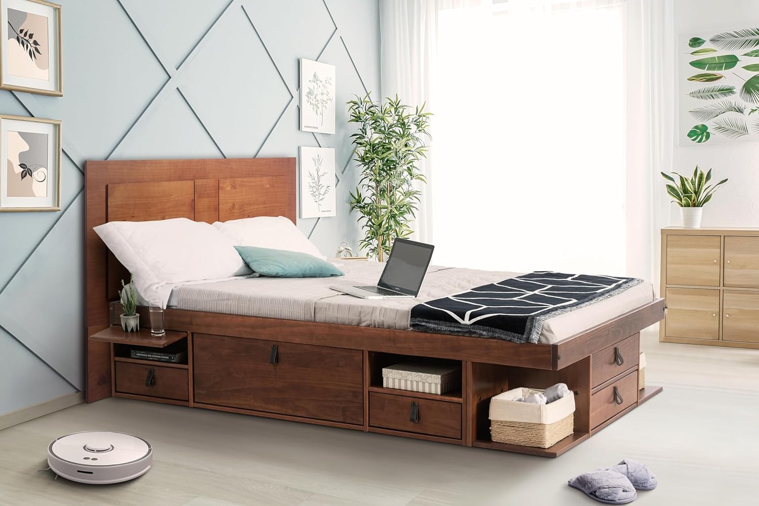 memomad Bali Slim Set: Storage Platform Bed with Drawers + Flat Panel Headboard (Queen Size, Caramel Brown Wood)