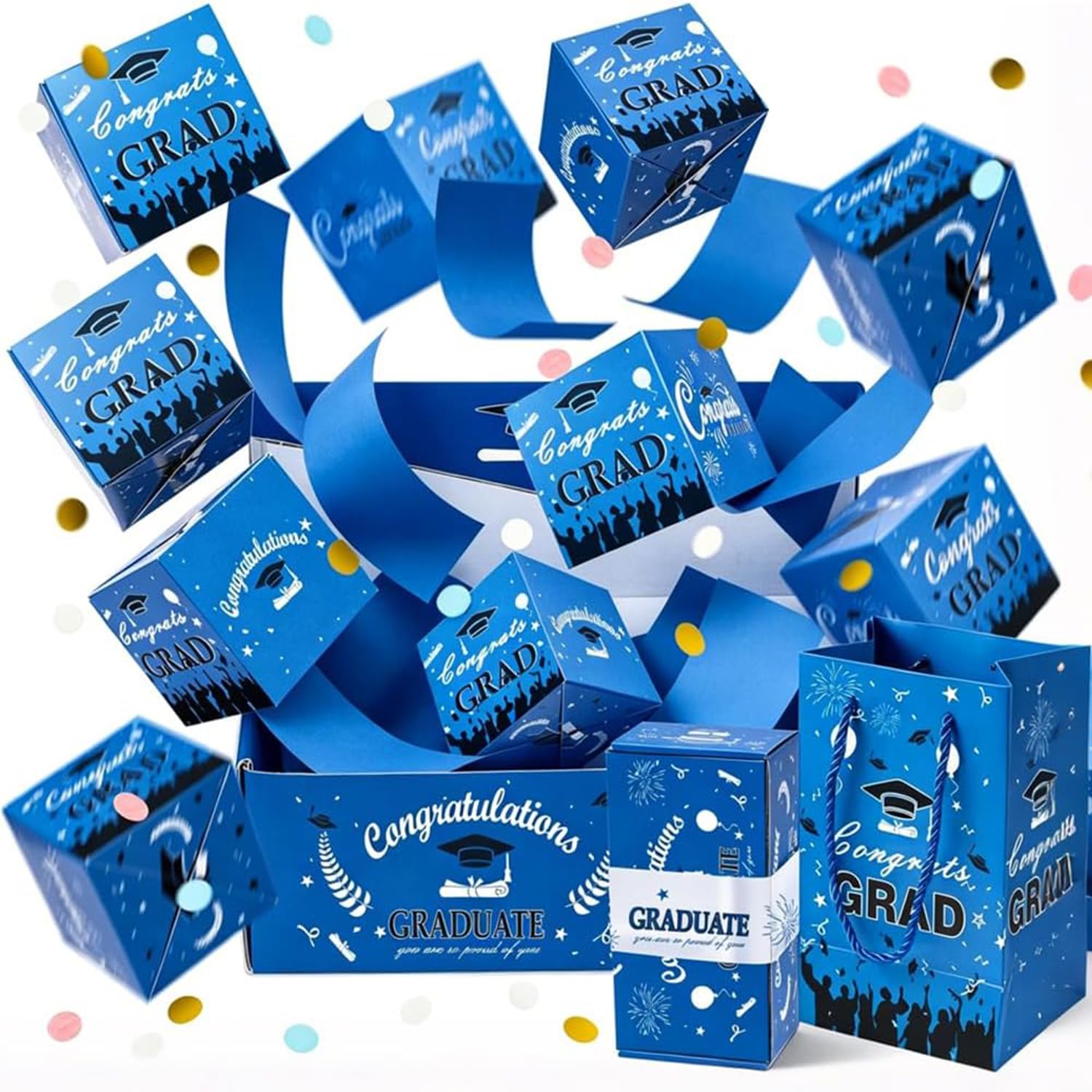 Photo 1 of 2026 Graduation Explosion Pop-Up Surprise Gift Box, DIY Bounce Money Box, Creative Memorable Graduation Surprise Present, Unique Grad Party Favor Gift Ideas (10Pcs, Blue)