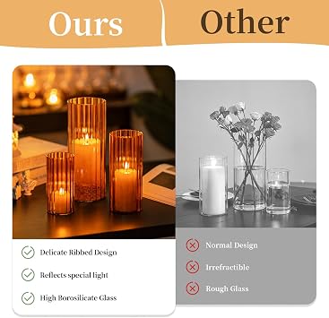 Glasseam Hurricane Glass Candle Holders, 6 Pcs Amber Ribbed Flower Vase Set | Fit 3'' Pillar Candles, Bouquet, Fall Decor, Thanksgiving Table, Fluted Cylinder Vases for Centerpieces, Vintage, Tall