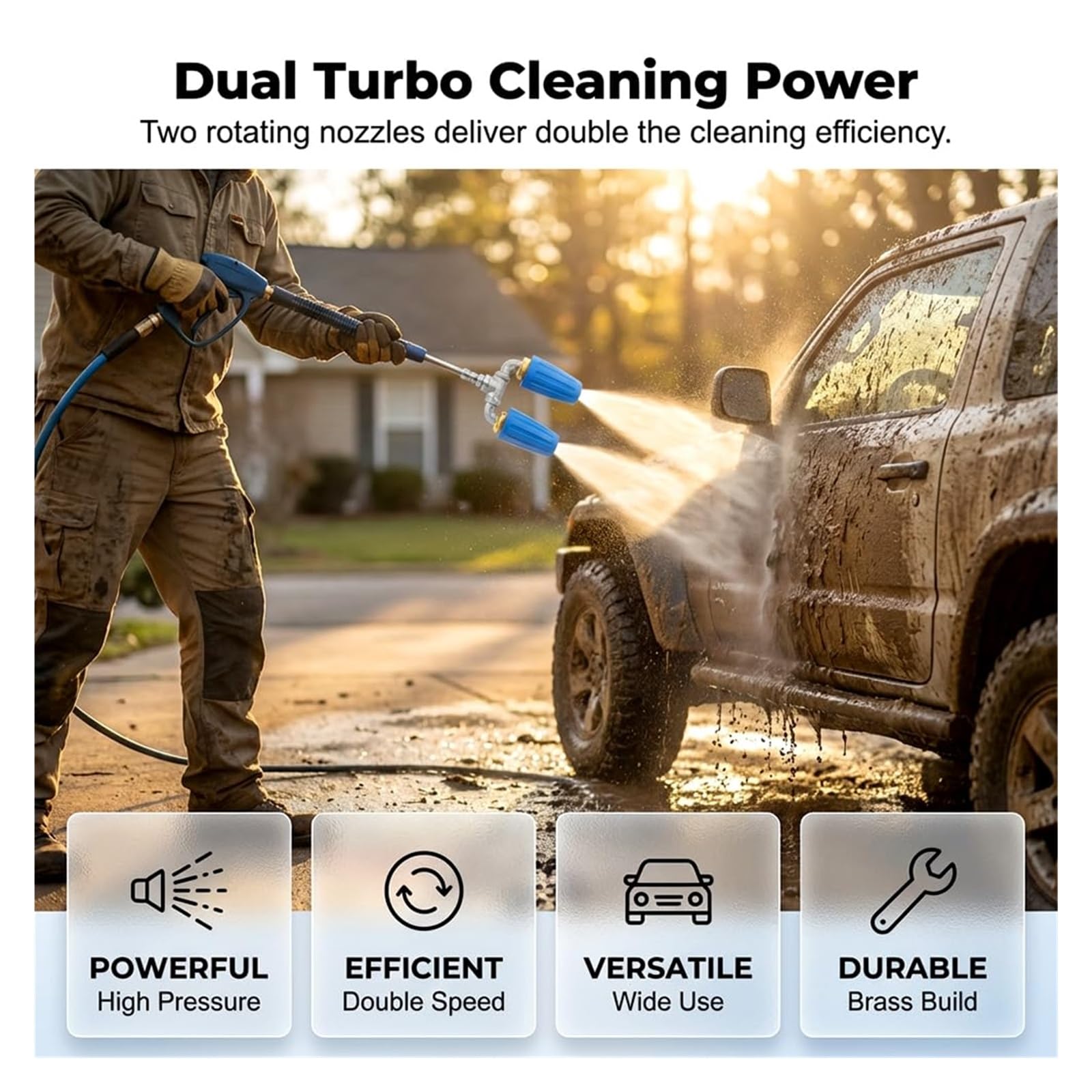 Potrójna Dysza Turbo do Myjki Ciśnieniowej 4000 PSI, Obrotowa 360° ze Złączem 1/4", Wielostrumieniowa Końcówka do Czyszczenia Podjazdów i Tarasów(Blue,Dual Head)