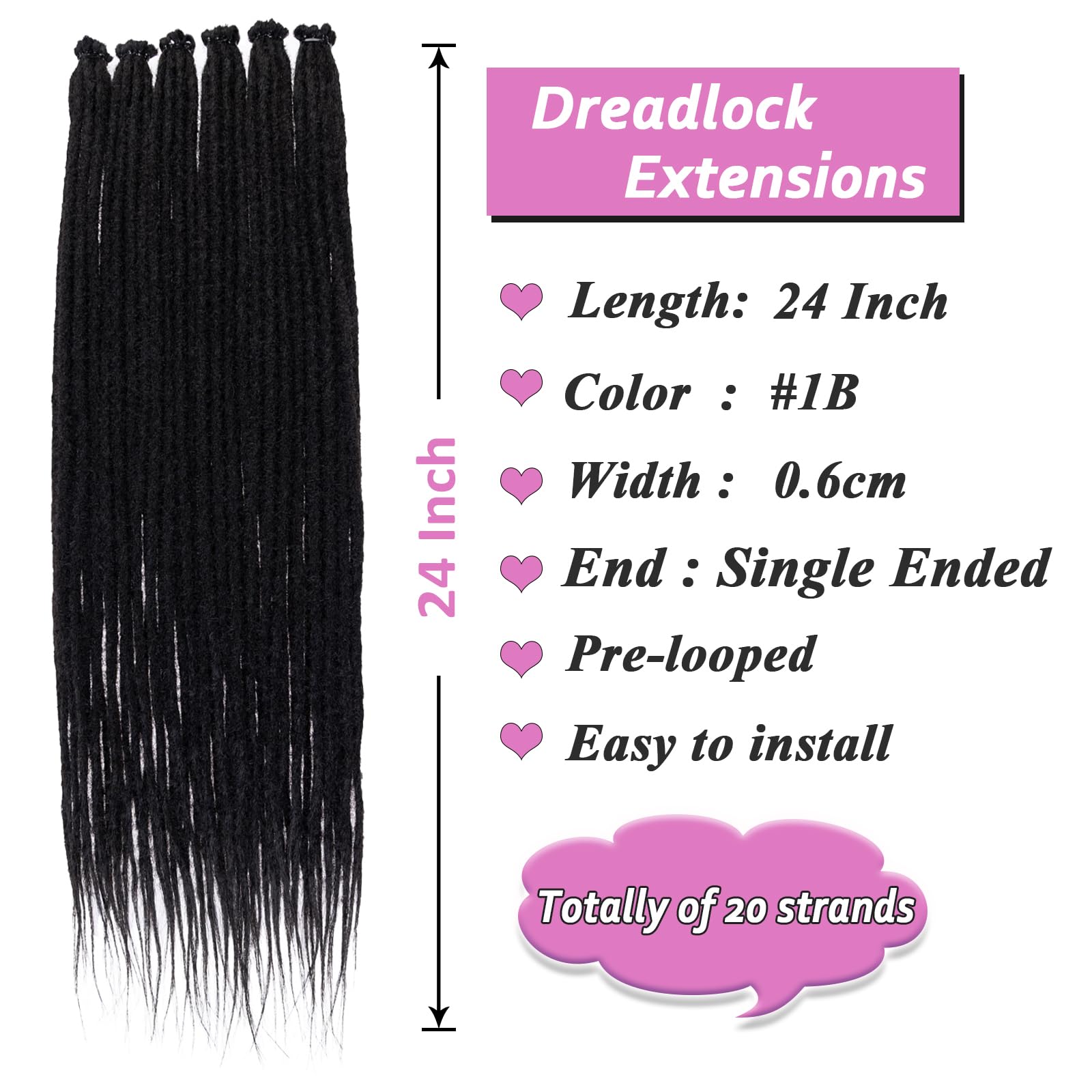 Samtress 24 Inch Dreadlock Extensions 0.6cm Width Soft Loc Extension 20 Strands Ombre Grey Single Ended Handmade Reggae Style Crochet Dreads Loc Braiding Hair Synthetic (#RSGREY) - Image 2