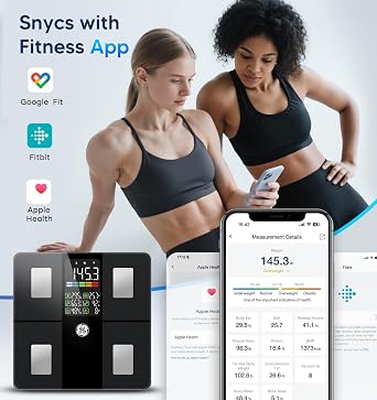 GE Smart Scale for Body Weight, BMI, Body Fat, Muscle Mass, Large Display | 14 Metrics Body Composition Scale for Bathroom, 5.3-inch Screen, Accurate Weighing with Bluetooth Sync, Black