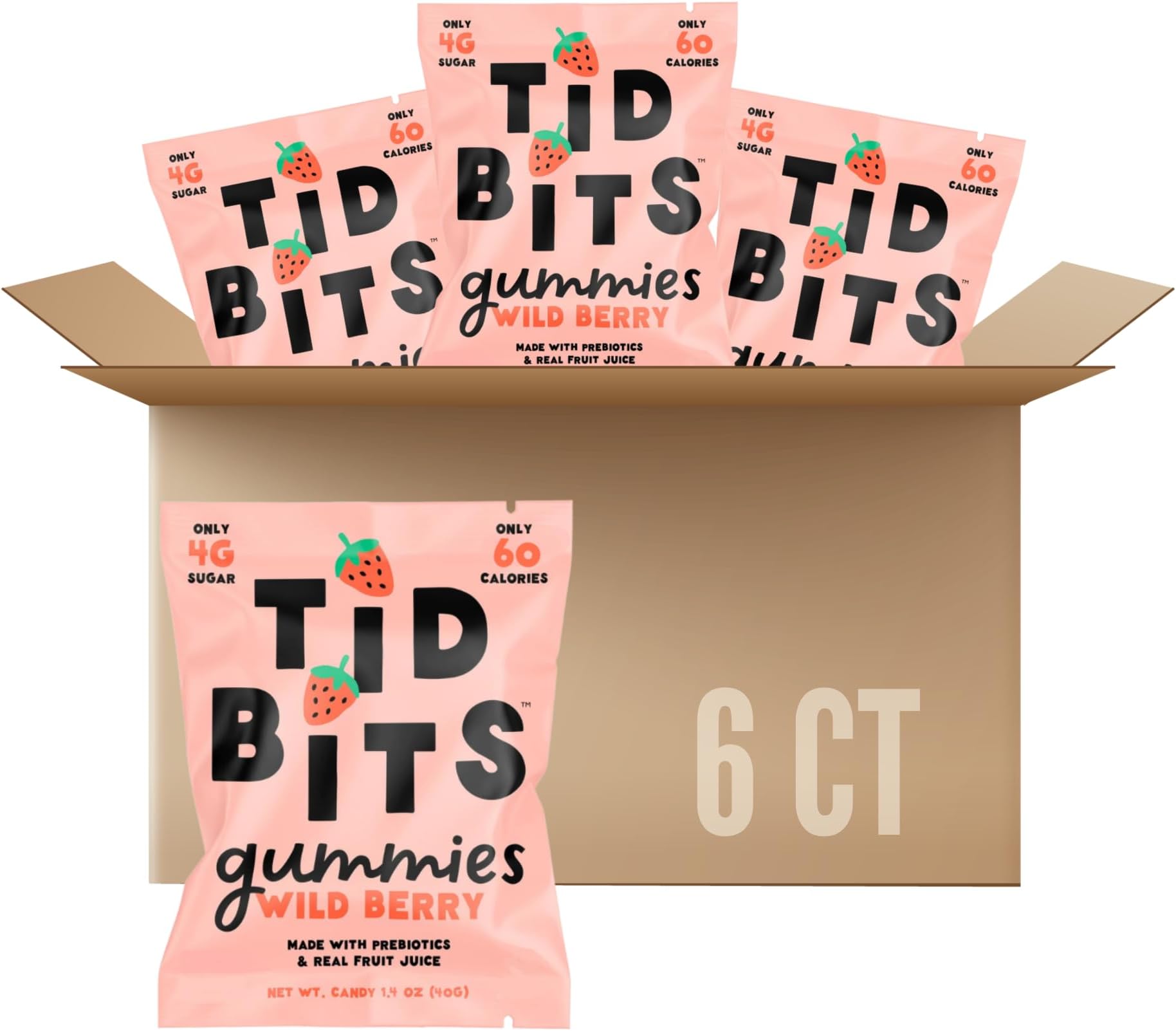 TiDBiTS Gummy Candies with Low Sugar (4g), Low Calorie (60), No Artificial Sweeteners, Plant-Based Fiber, Prebiotics, Real Fruit Juice, Healthy Snack (Wild Berry, Pack of 6)